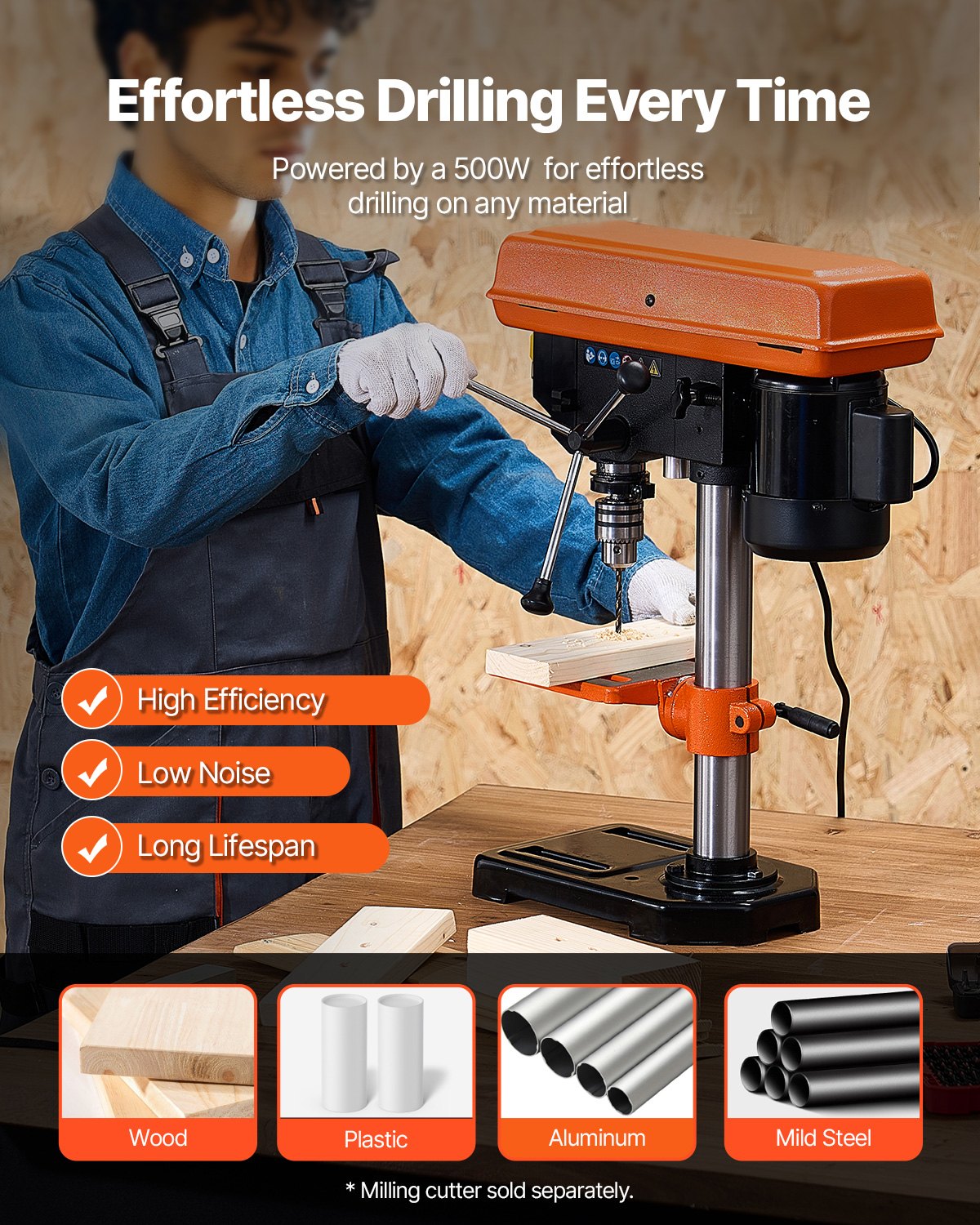 VEVOR 203.2mm Benchtop Drill Press, 500W Induction Motor, Tabletop Drilling Machine with 500 / 890 / 1400 / 1900 / 2500 RPM Adjustable Speed, 0-45° Tilting Worktable, LED Work Light, for Wood Metal