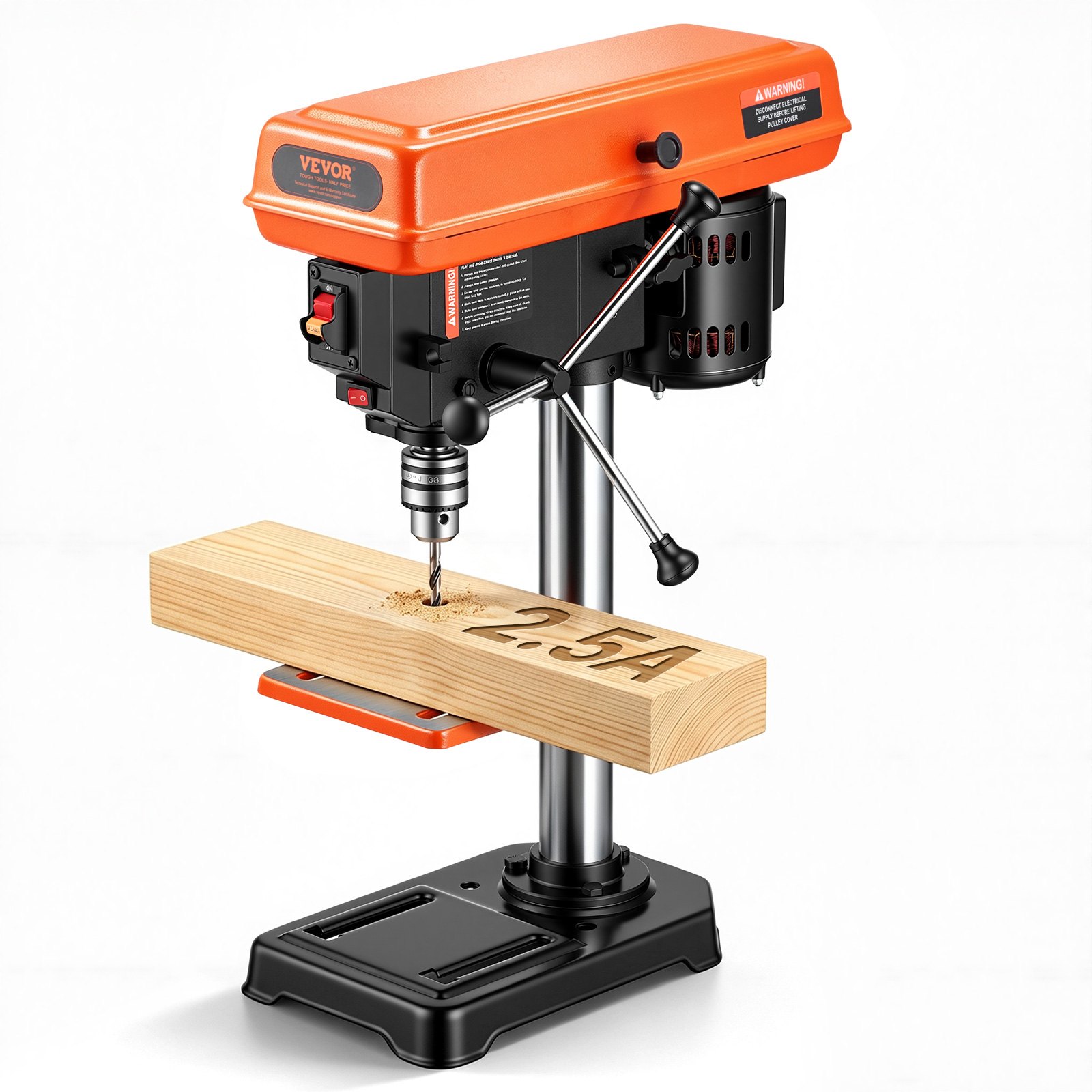 Taladro de banco VEVOR de 8 pulgadas, motor de inducción de 2,5 A, con velocidad ajustable de 620/1140/1740/2340/3100 RPM, mesa de trabajo inclinable de 0 a 45° y luz LED de trabajo, para madera y metal.