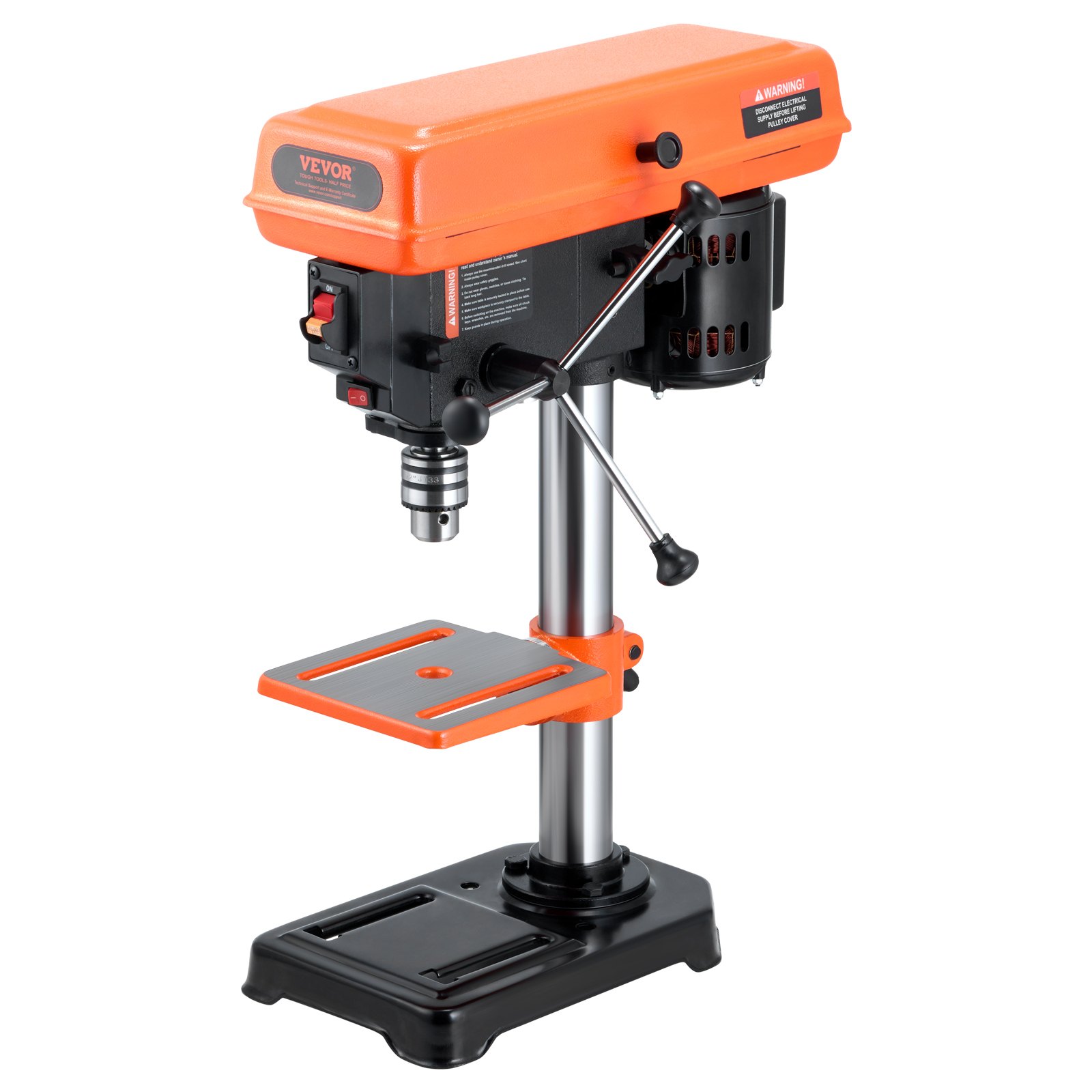 Taladro de banco VEVOR de 8 pulgadas, motor de inducción de 2,5 A, con velocidad ajustable de 620/1140/1740/2340/3100 RPM, mesa de trabajo inclinable de 0 a 45° y luz LED de trabajo, para madera y metal.