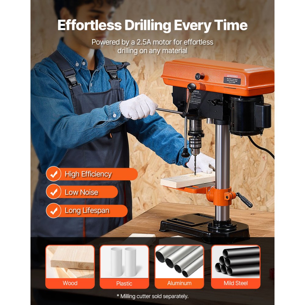 VEVOR 203.2mm Benchtop Drill Press, 500W Induction Motor, Tabletop Drilling Machine with 550 / 950 / 1450 / 1950 / 2500 RPM Adjustable Speed, 0-45° Tilting Worktable, LED Work Light, for Wood Metal