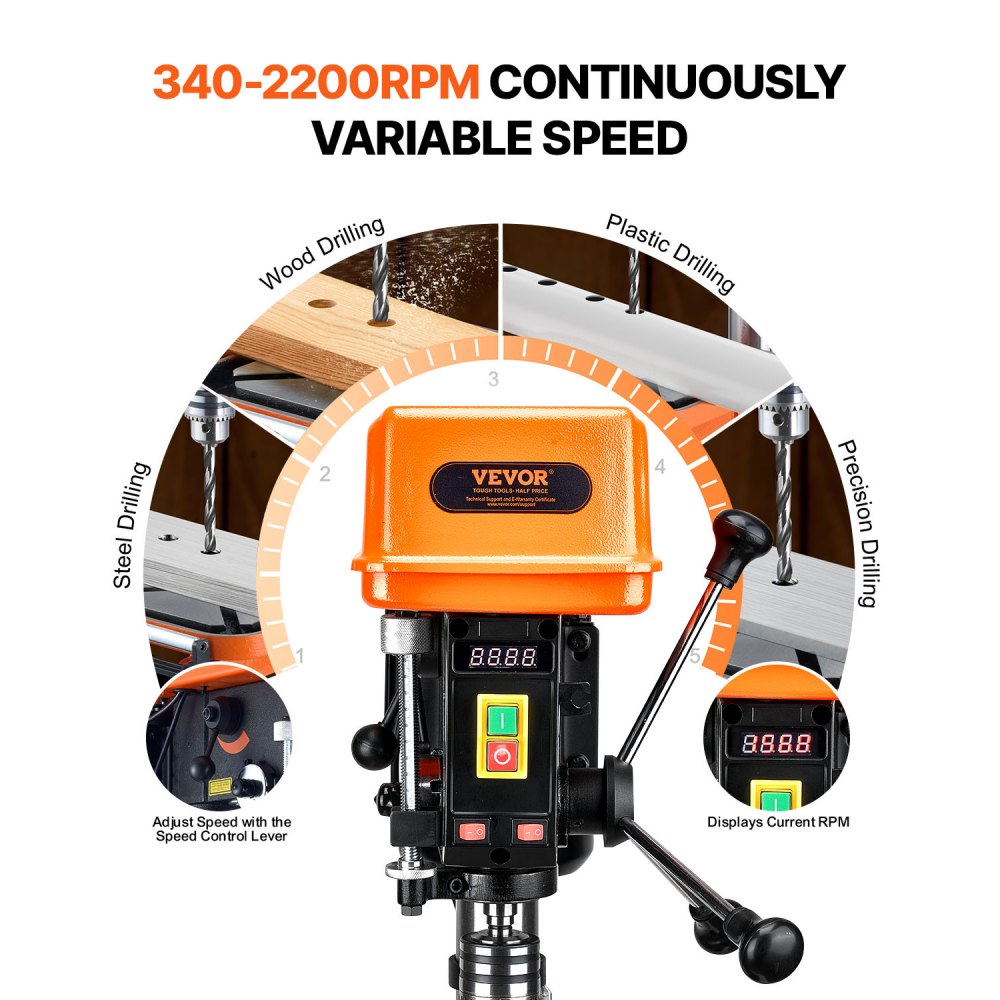 VEVOR 304.8 mm Benchtop Drill Press, 750W, 340-2200 RPM Variable Speed Bench Drill Press, with 0-45° Tilting Worktable, LED Work Light, X-ray Positioning, Tabletop Drilling Machine for Wood Metal
