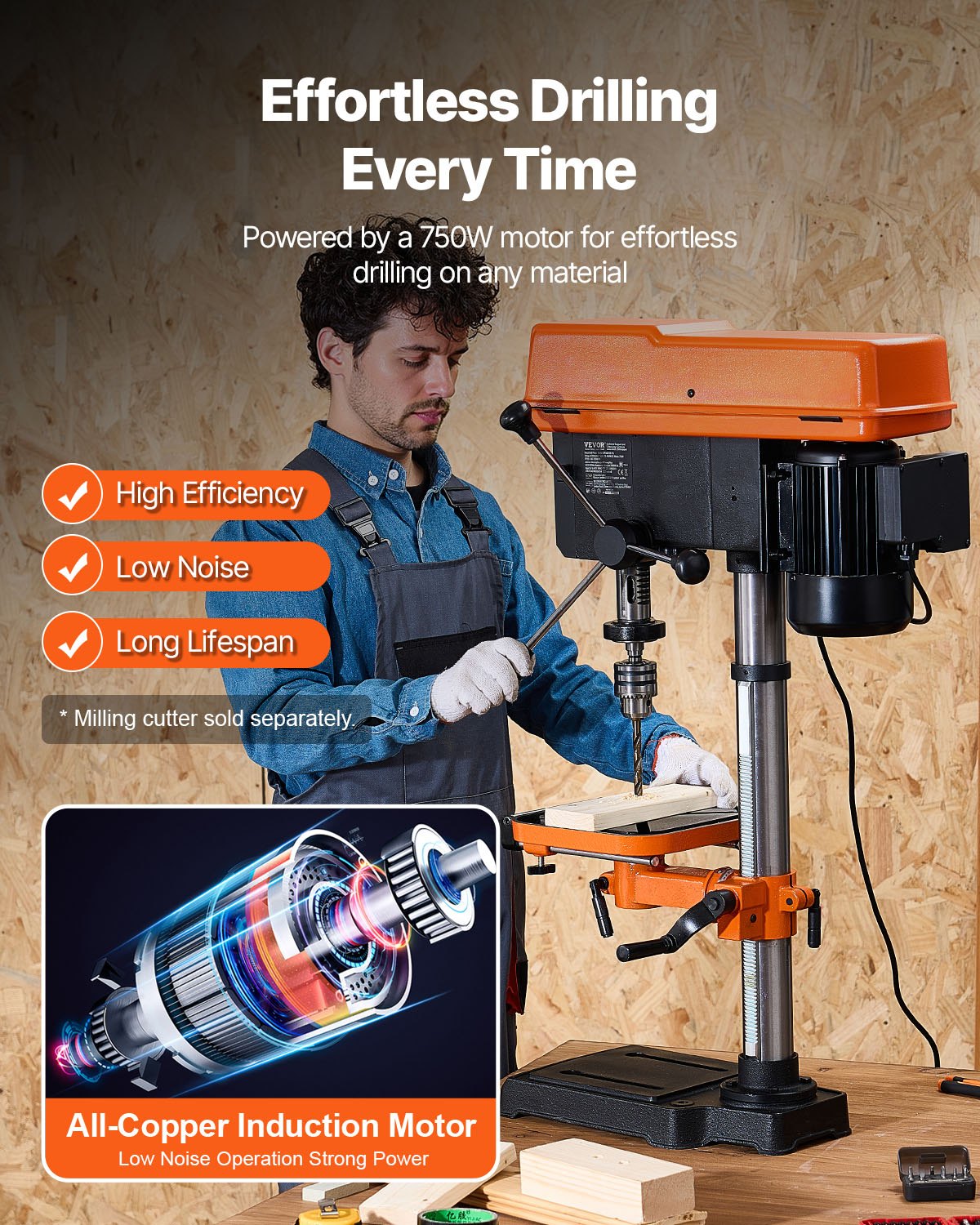 VEVOR 304.8 mm Benchtop Drill Press, 750W, 340-2200 RPM Variable Speed Bench Drill Press, with 0-45° Tilting Worktable, LED Work Light, X-ray Positioning, Tabletop Drilling Machine for Wood Metal