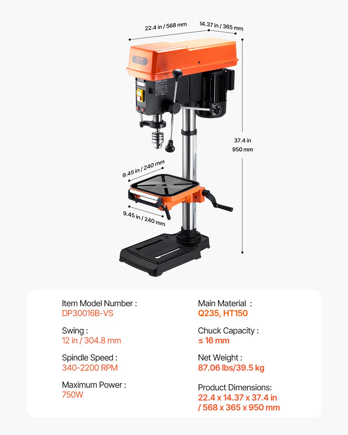 VEVOR 304.8 mm Benchtop Drill Press, 750W, 340-2200 RPM Variable Speed Bench Drill Press, with 0-45° Tilting Worktable, LED Work Light, X-ray Positioning, Tabletop Drilling Machine for Wood Metal