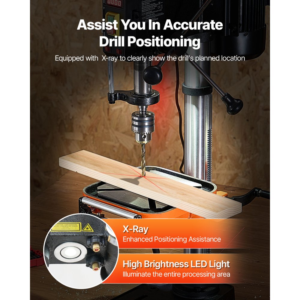 VEVOR 304.8 mm Benchtop Drill Press, 750W, 340-2200 RPM Variable Speed Bench Drill Press, with 0-45° Tilting Worktable, LED Work Light, X-ray Positioning, Tabletop Drilling Machine for Wood Metal
