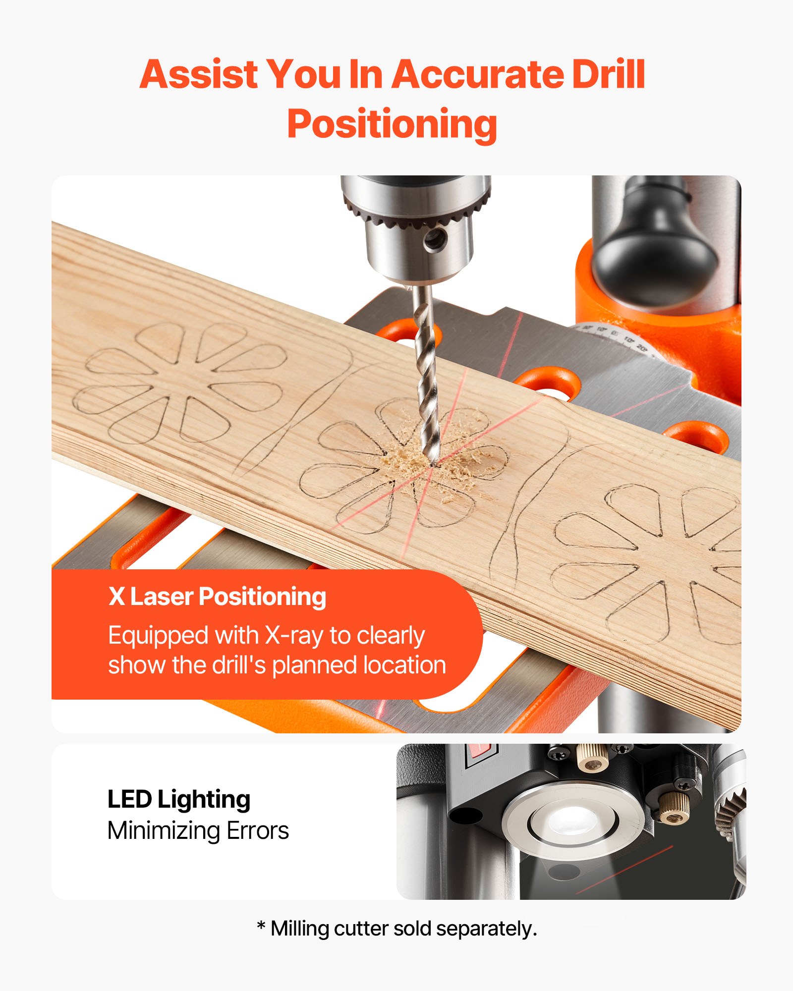 VEVOR 254 mm Benchtop Drill Press, 400W, Bench Drill Press, 440 to 2600 RPM Variable Speed, 0-45° Tilting Worktable, with Laser and LED Work Light, Tabletop Drilling Machine, for Woodworking, Metal