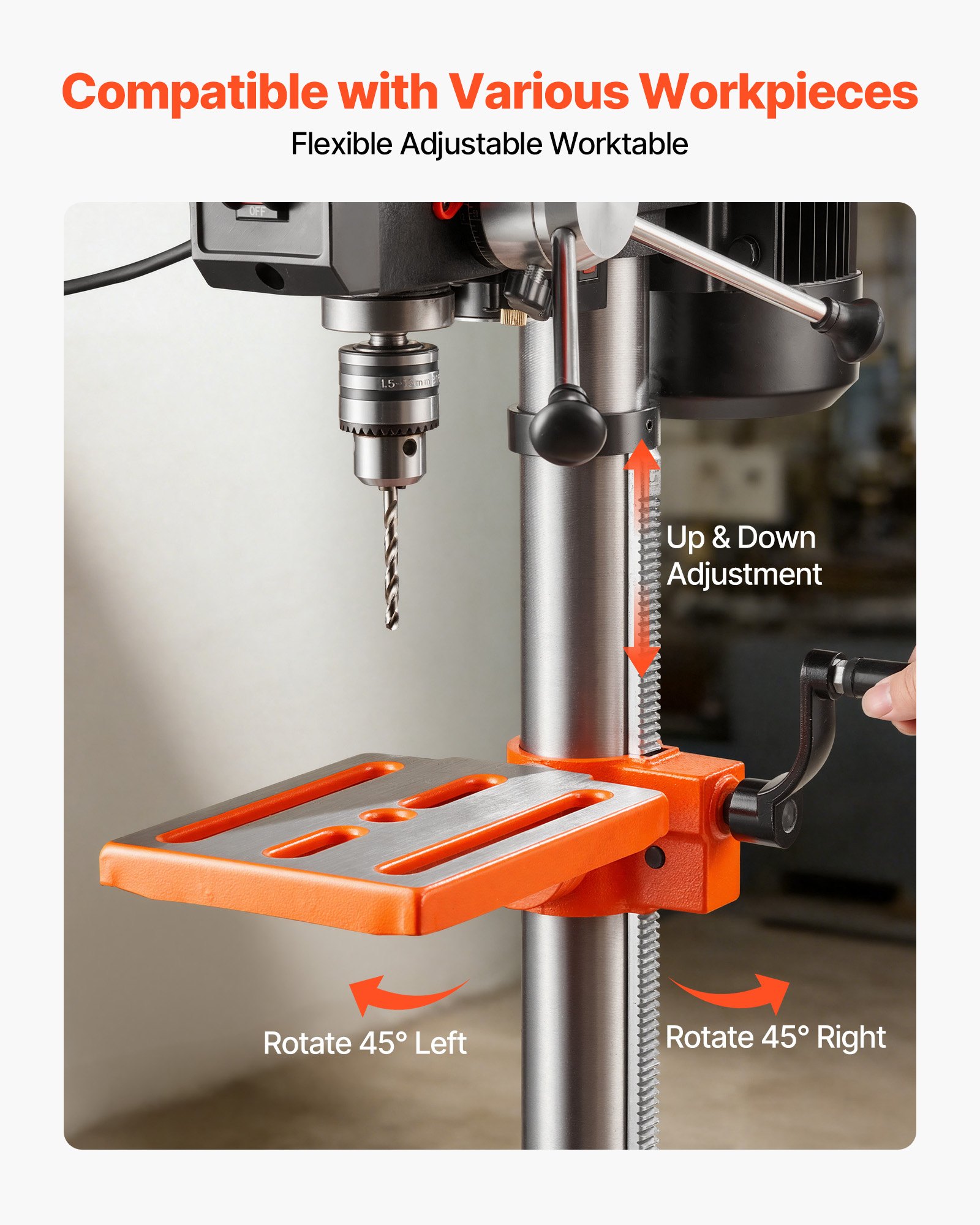VEVOR 254 mm Benchtop Drill Press, 400W, Bench Drill Press, 440 to 2600 RPM Variable Speed, 0-45° Tilting Worktable, with Laser and LED Work Light, Tabletop Drilling Machine, for Woodworking, Metal