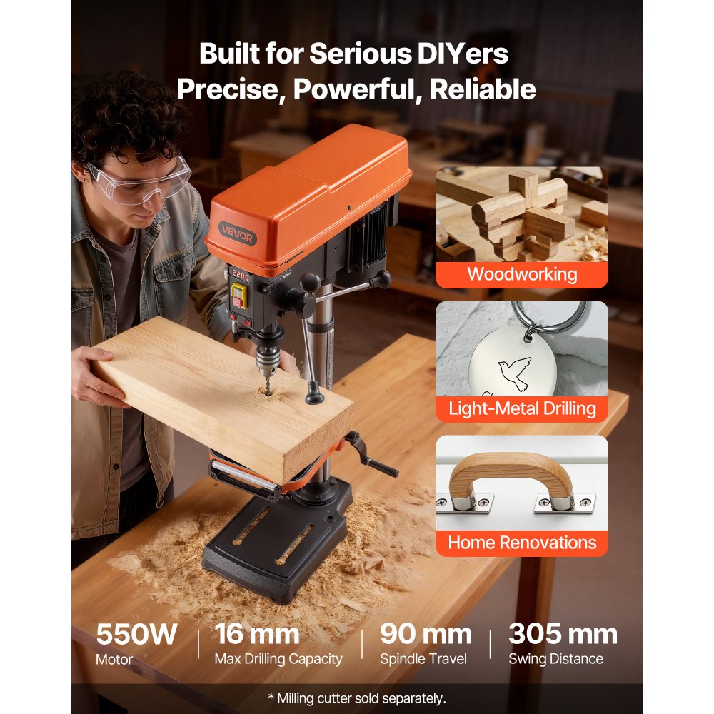 VEVOR 305 mm Benchtop Drill Press, 550W, Bench Drill Press, 340 to 2200 RPM Variable Speed, 0-45° Tilting Worktable, with Laser and LED Work Light, Tabletop Drilling Machine, for Woodworking, Metal