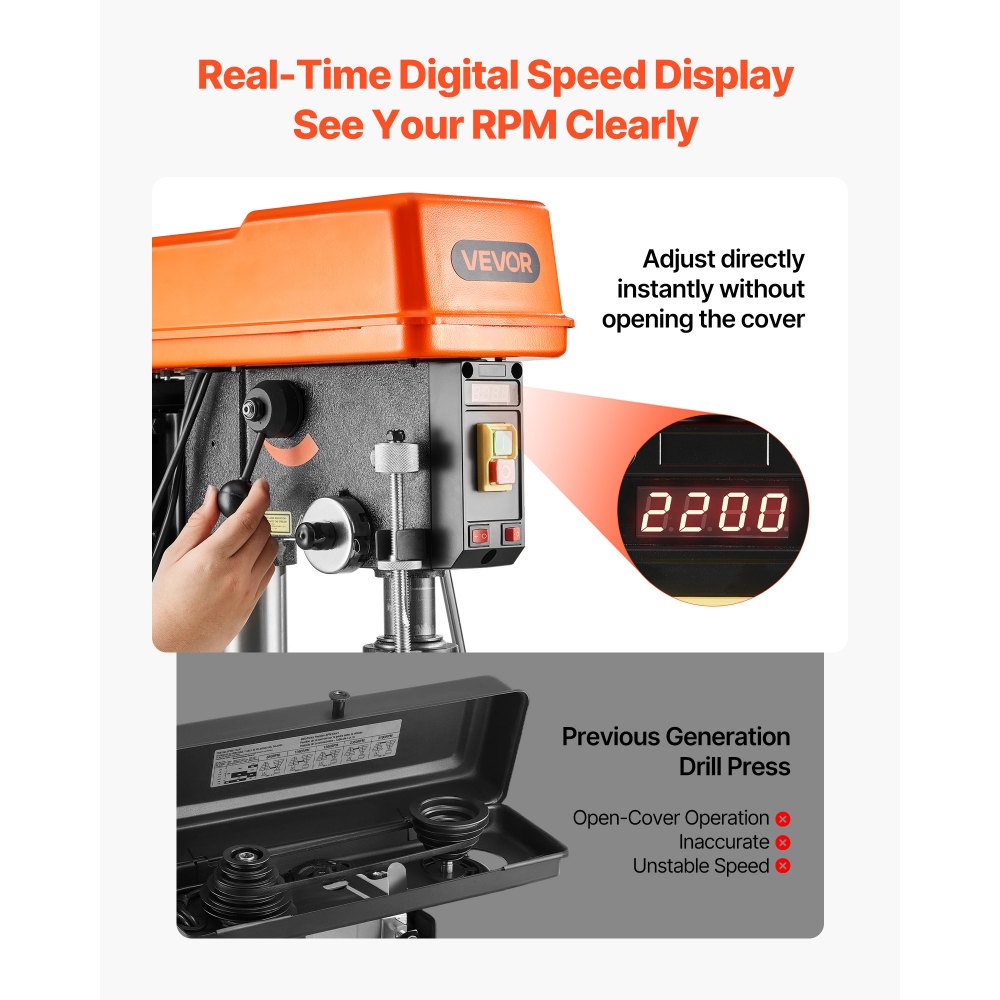 VEVOR 305 mm Benchtop Drill Press, 550W, Bench Drill Press, 340 to 2200 RPM Variable Speed, 0-45° Tilting Worktable, with Laser and LED Work Light, Tabletop Drilling Machine, for Woodworking, Metal