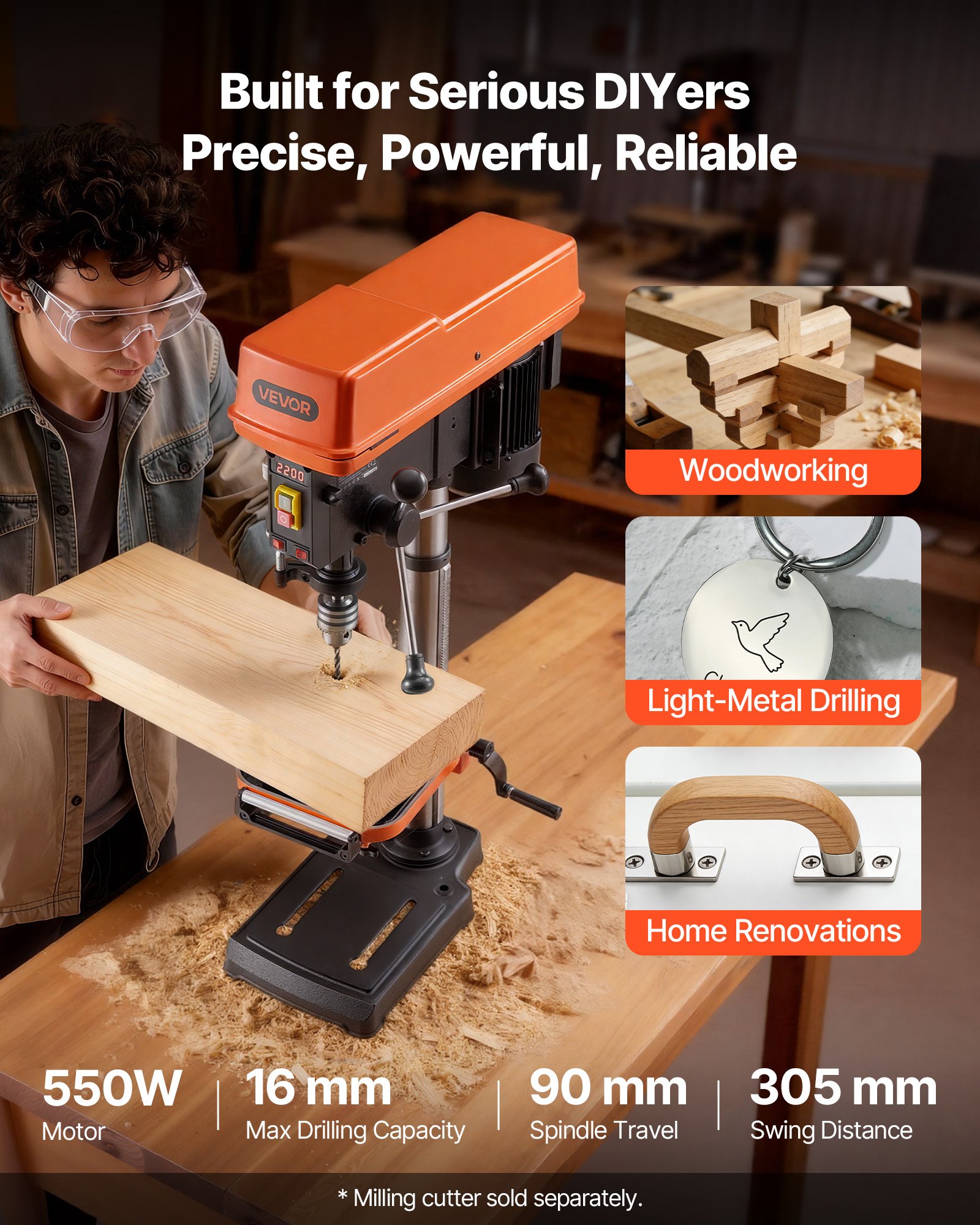 VEVOR 305 mm Benchtop Drill Press, 550W, Bench Drill Press, 340 to 2200 RPM Variable Speed, 0-45° Tilting Worktable, with Laser and LED Work Light, Tabletop Drilling Machine, for Woodworking, Metal