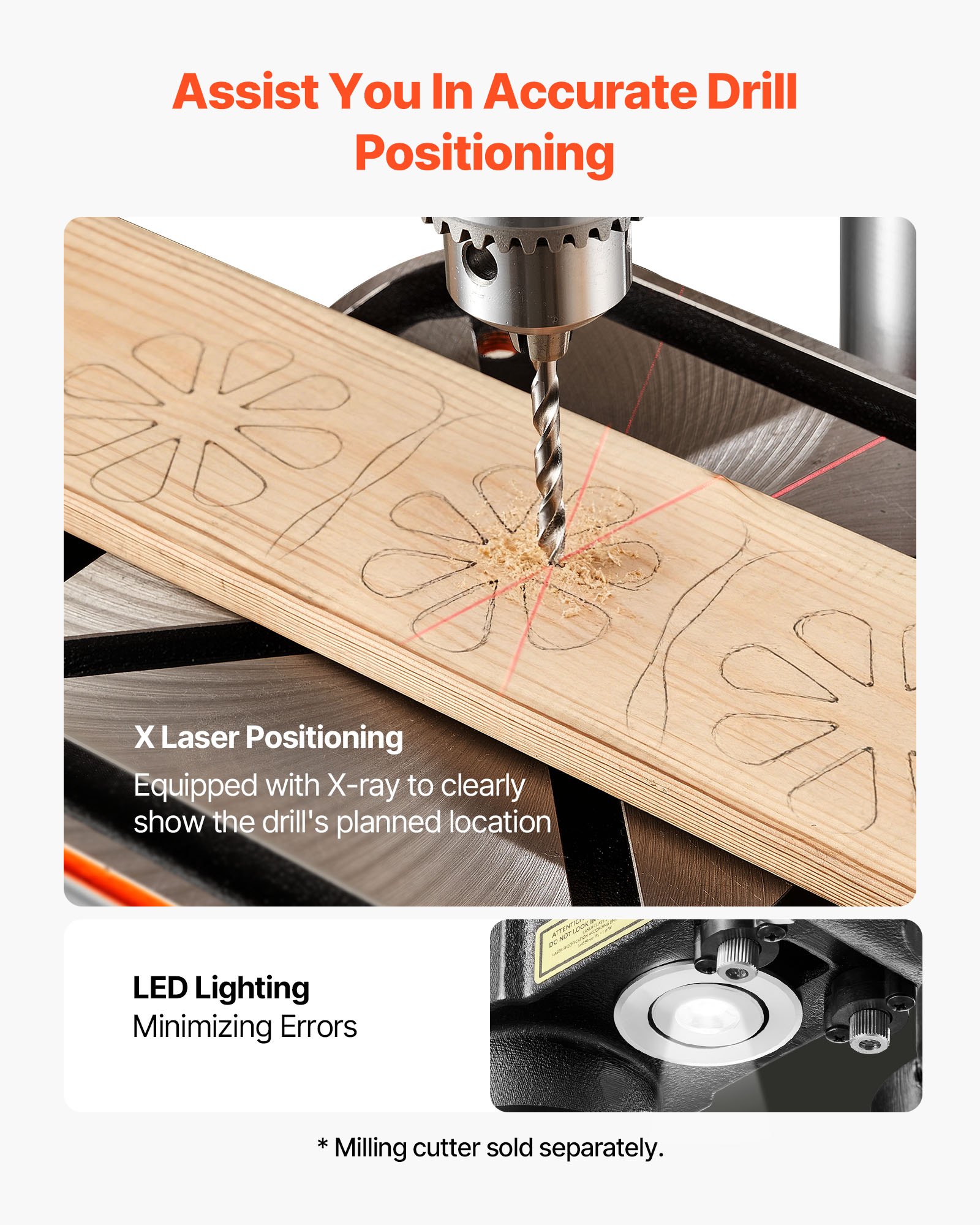 VEVOR 305 mm Benchtop Drill Press, 550W, Bench Drill Press, 340 to 2200 RPM Variable Speed, 0-45° Tilting Worktable, with Laser and LED Work Light, Tabletop Drilling Machine, for Woodworking, Metal