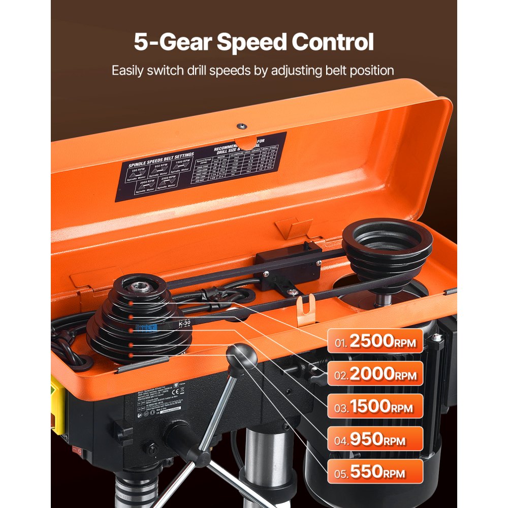 VEVOR 10 in Benchtop Drill Press, 6.2A Induction Motor, Tabletop Drilling Machine with 650 / 1050 / 1800 / 2350 / 3100 RPM Adjustable Speed, 0-45° Tilting Worktable, LED Work Light, for Wood Metal