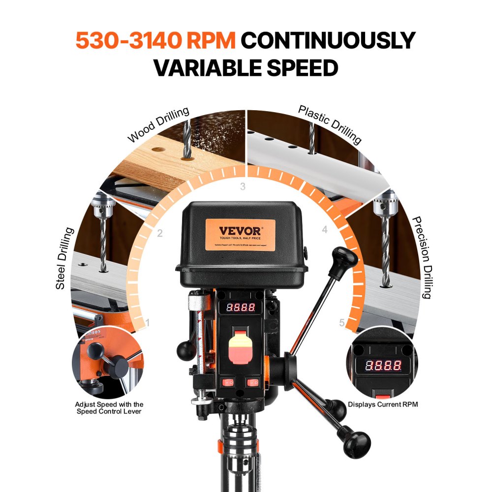 VEVOR 304.8 mm Benchtop Drill Press, 750W, 340-2200 RPM Variable Speed Bench Drill Press, with 0-45° Tilting Worktable, LED Work Light, X-ray Positioning, Tabletop Drilling Machine for Wood Metal
