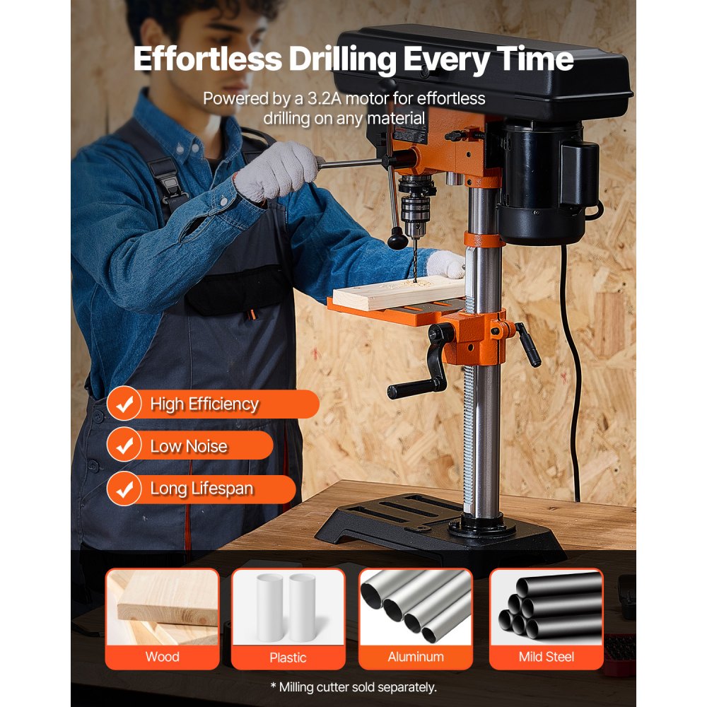 VEVOR Benchtop Drill Press, 3.2 Amp, 5-Speed Adjustable Drill Press with 650/1050/1800/2350/3100 RPM, 10-inch Swing, Cast Iron Frame, 0-45° Tiltling Worktable, Work Light, for Drilling Wood & Metal