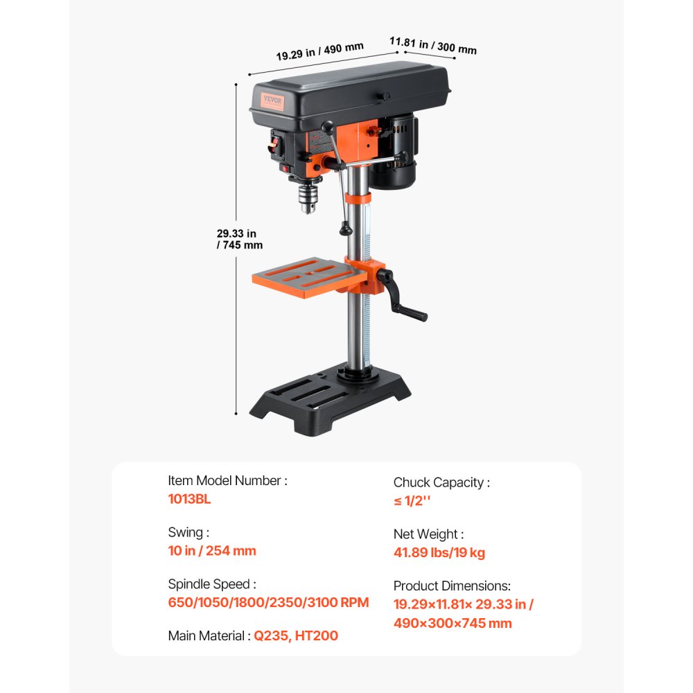 VEVOR Benchtop Drill Press, 3.2 Amp, 5-Speed Adjustable Drill Press with 650/1050/1800/2350/3100 RPM, 10-inch Swing, Cast Iron Frame, 0-45° Tiltling Worktable, Work Light, for Drilling Wood & Metal