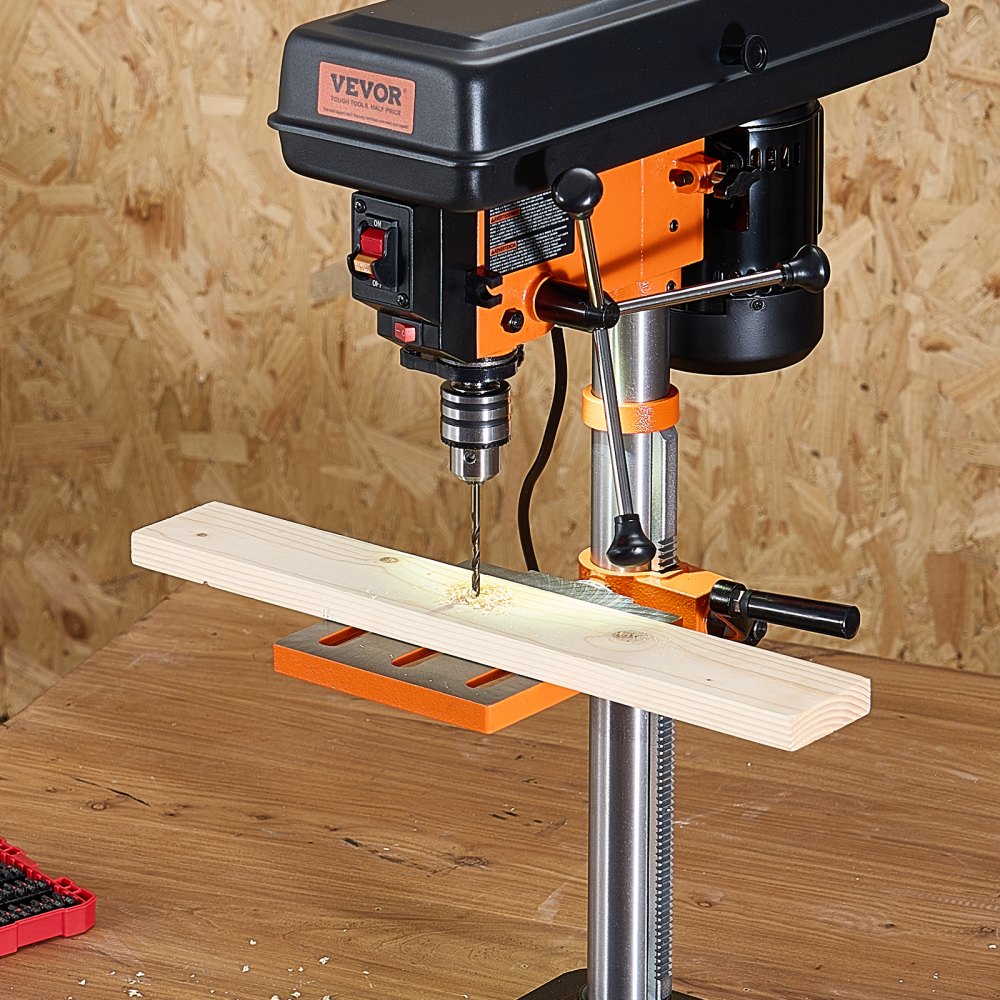 VEVOR Benchtop Drill Press, 3.2 Amp, 5-Speed Adjustable Drill Press with 650/1050/1800/2350/3100 RPM, 10-inch Swing, Cast Iron Frame, 0-45° Tiltling Worktable, Work Light, for Drilling Wood & Metal