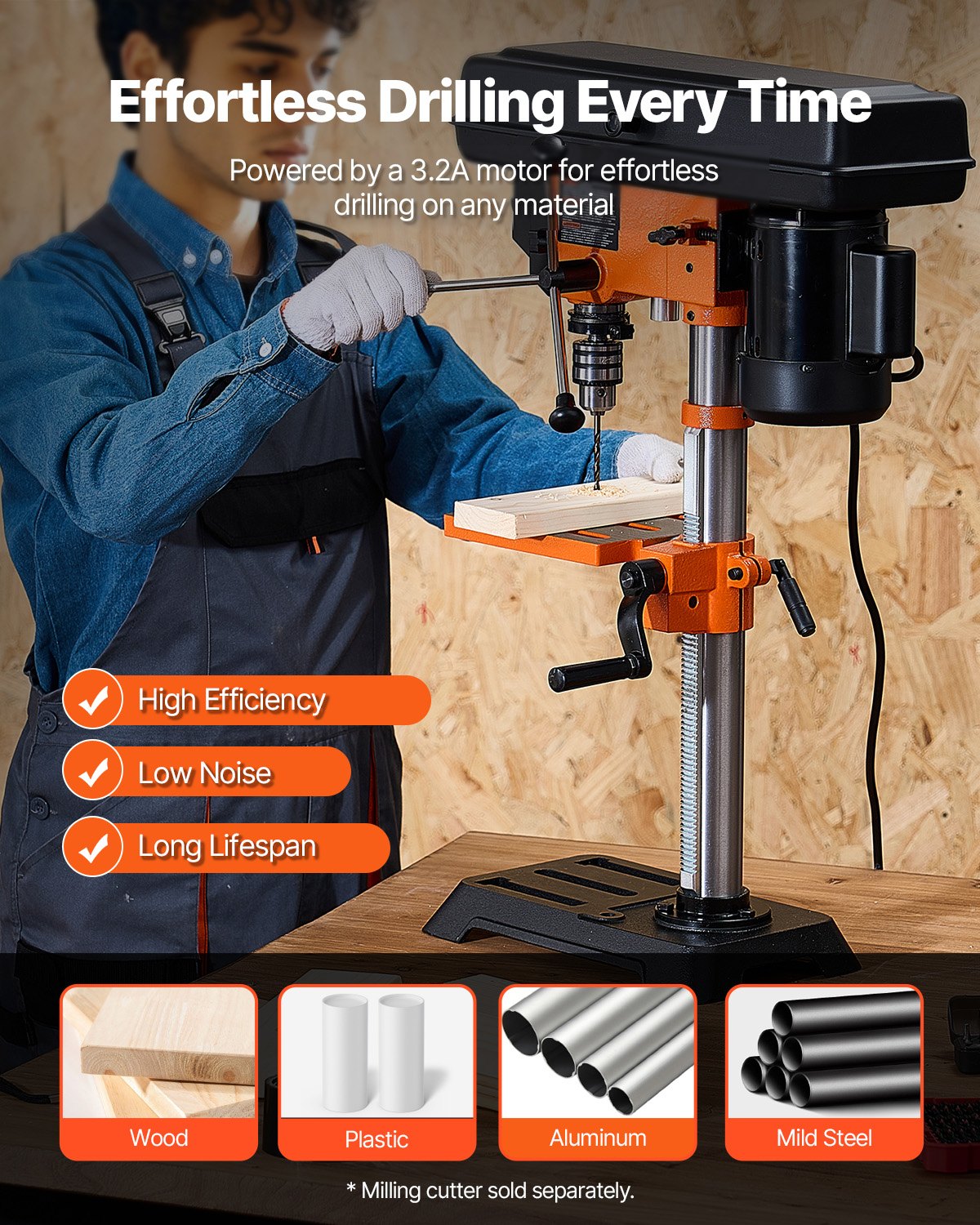 VEVOR Benchtop Drill Press, 3.2 Amp, 5-Speed Adjustable Drill Press with 650/1050/1800/2350/3100 RPM, 10-inch Swing, Cast Iron Frame, 0-45° Tiltling Worktable, Work Light, for Drilling Wood & Metal