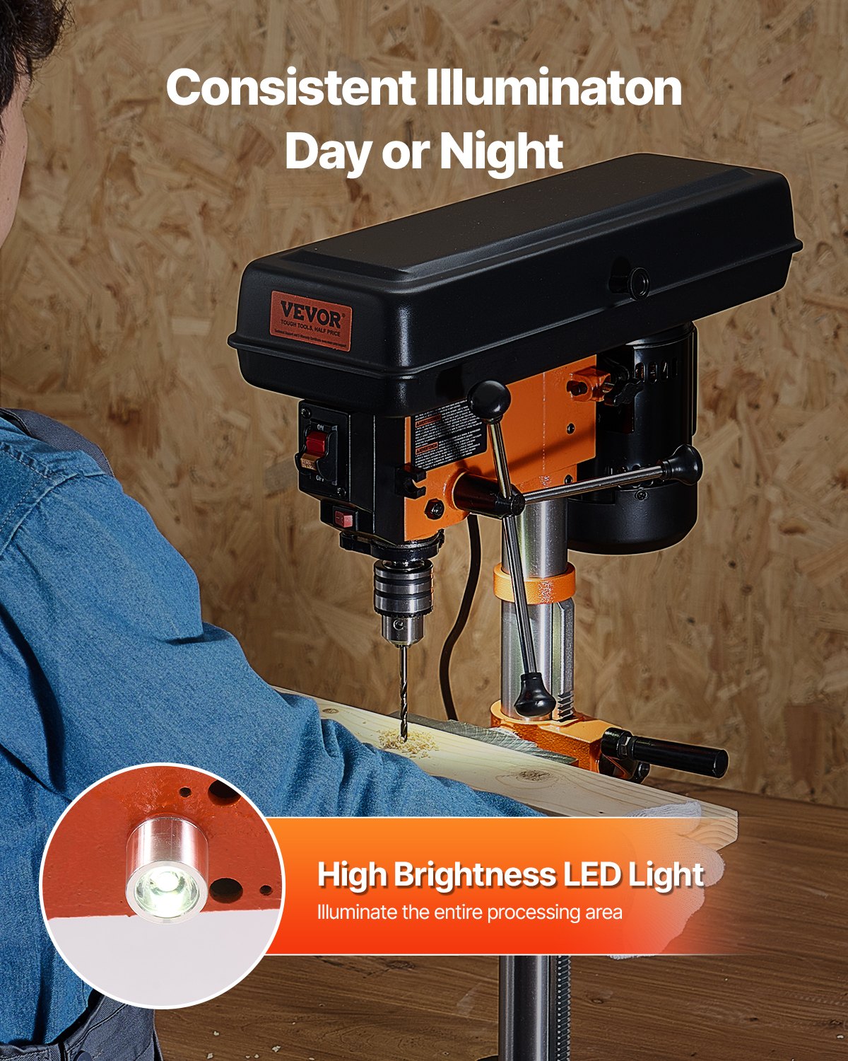 VEVOR Benchtop Drill Press, 3.2 Amp, 5-Speed Adjustable Drill Press with 650/1050/1800/2350/3100 RPM, 10-inch Swing, Cast Iron Frame, 0-45° Tiltling Worktable, Work Light, for Drilling Wood & Metal