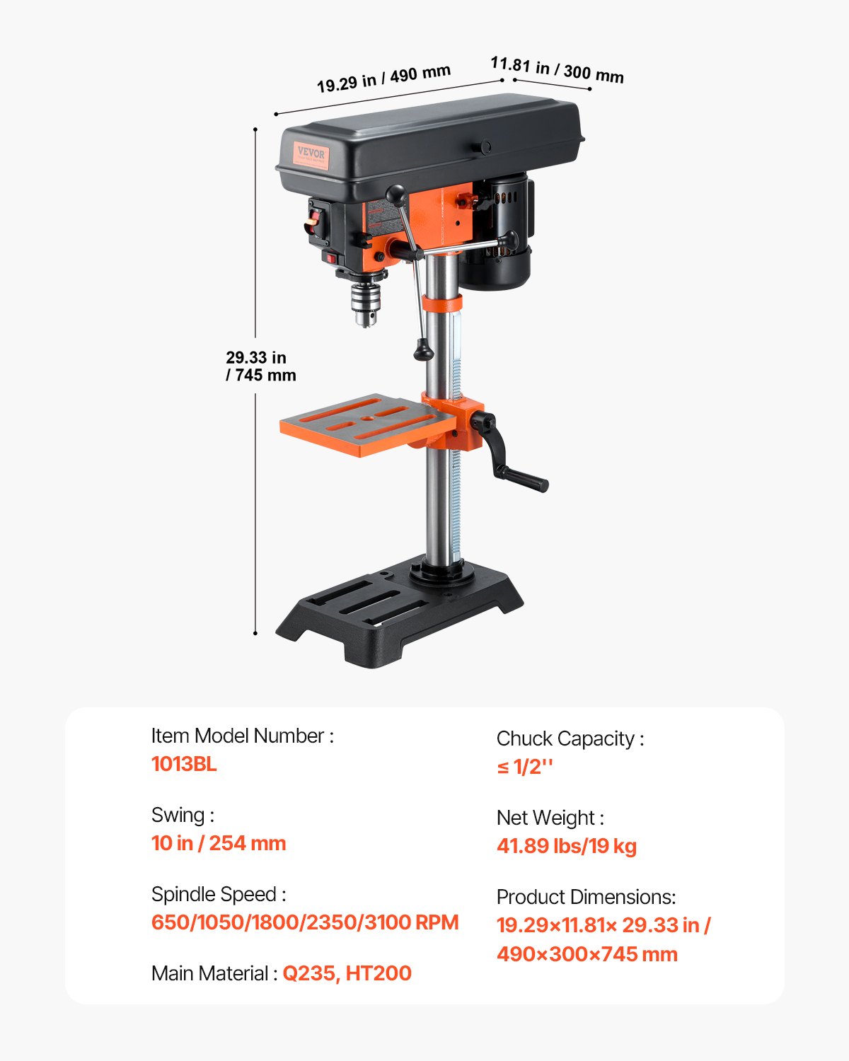 VEVOR Benchtop Drill Press, 3.2 Amp, 5-Speed Adjustable Drill Press with 650/1050/1800/2350/3100 RPM, 10-inch Swing, Cast Iron Frame, 0-45° Tiltling Worktable, Work Light, for Drilling Wood & Metal