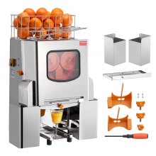 VEVOR Presse-agrumes commercial pour oranges, extracteur de jus automatique 120 W, presse-oranges en acier inoxydable, 20 oranges/minute, avec boîte de filtre extractible, couvercle en acier inoxydable, 2 seaux de collecte de pelures