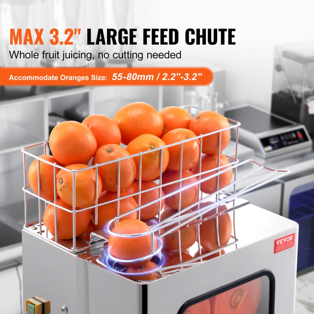 VEVOR Commercial Orange Juicer Machine, 120W Automatic Juice Extractor, Stainless Steel Orange Squeezer 20 Oranges/Minute, with Pull-Out Filter Box, Stainless Steel Cover, 2 Peel Collecting Buckets