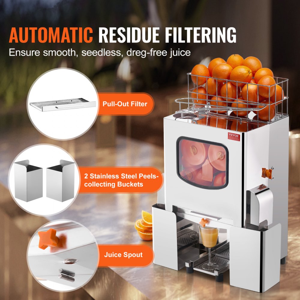 VEVOR Commercial Orange Juicer Machine, 120W Automatic Juice Extractor, Stainless Steel Orange Squeezer 20 Oranges/Minute, with Pull-Out Filter Box, Stainless Steel Cover, 2 Peel Collecting Buckets