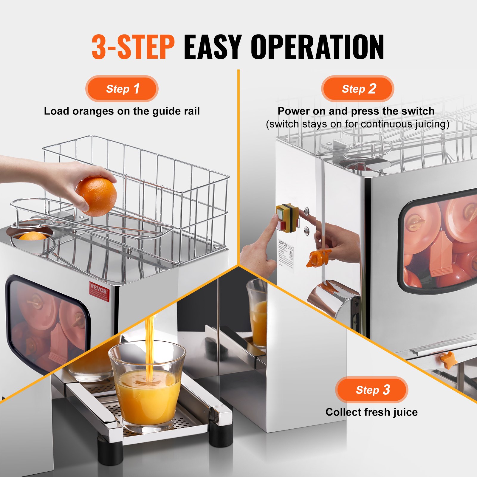 VEVOR Commercial Orange Juicer Machine, 120W Automatic Juice Extractor, Stainless Steel Orange Squeezer 20 Oranges/Minute, with Pull-Out Filter Box, Stainless Steel Cover, 2 Peel Collecting Buckets
