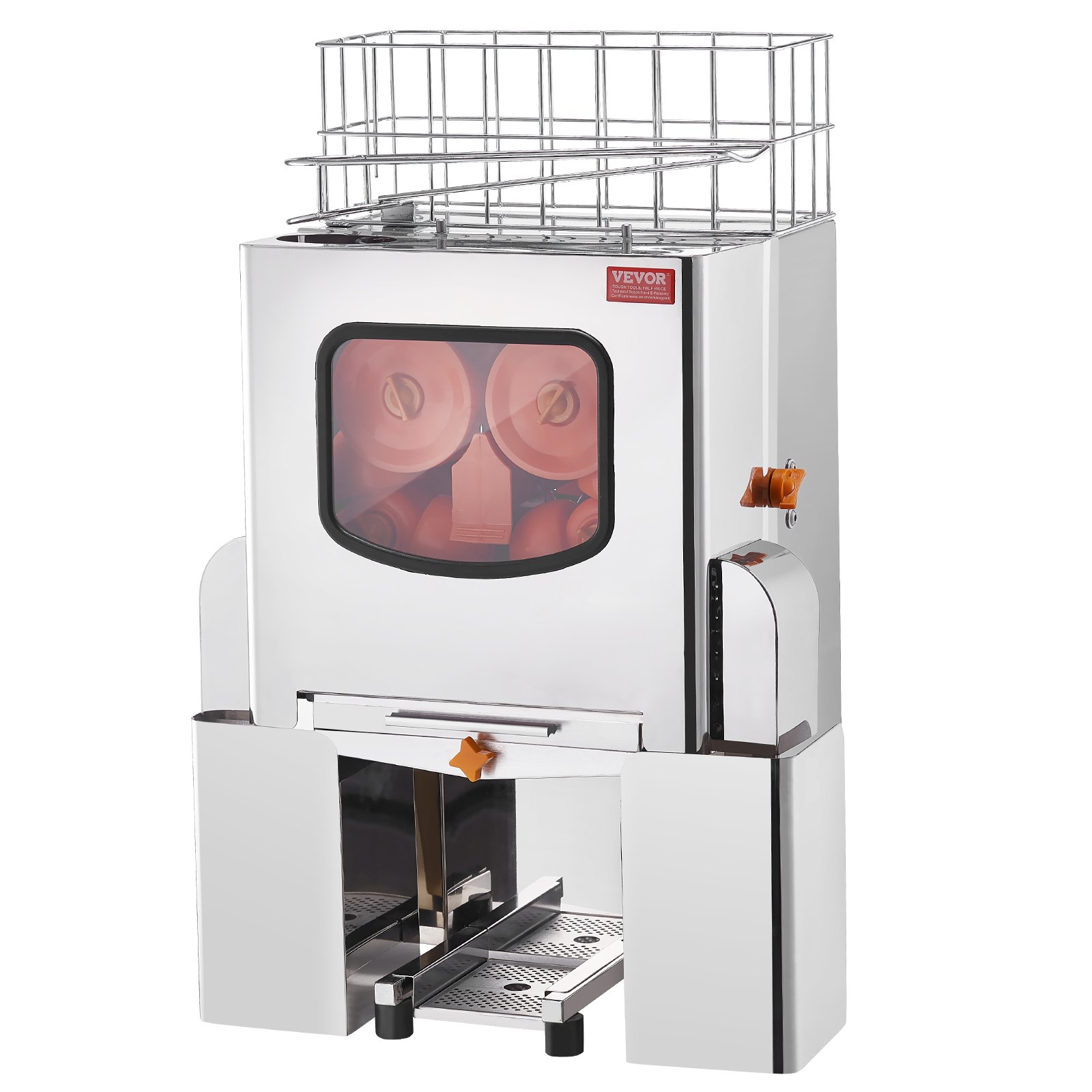 VEVOR Commercial Orange Juicer Machine, 120W Automatic Juice Extractor, Stainless Steel Orange Squeezer 20 Oranges/Minute, with Pull-Out Filter Box, Stainless Steel Cover, 2 Peel Collecting Buckets