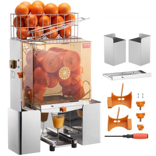 VEVOR Commercial Orange Juicer Machine, 120W Automatic Juice Extractor, Stainless Steel Orange Squeezer for 20 Oranges Per Minute, with Pull-Out Filter Box, PC Cover, 2 Peel Collecting Buckets