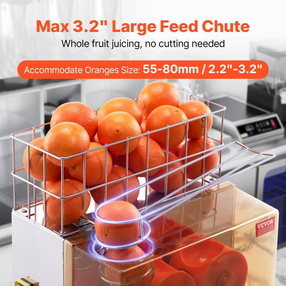 VEVOR Commercial Orange Juicer Machine, 120W Automatic Juice Extractor, Stainless Steel Orange Squeezer for 20 Oranges Per Minute, with Pull-Out Filter Box, PC Cover, 2 Peel Collecting Buckets