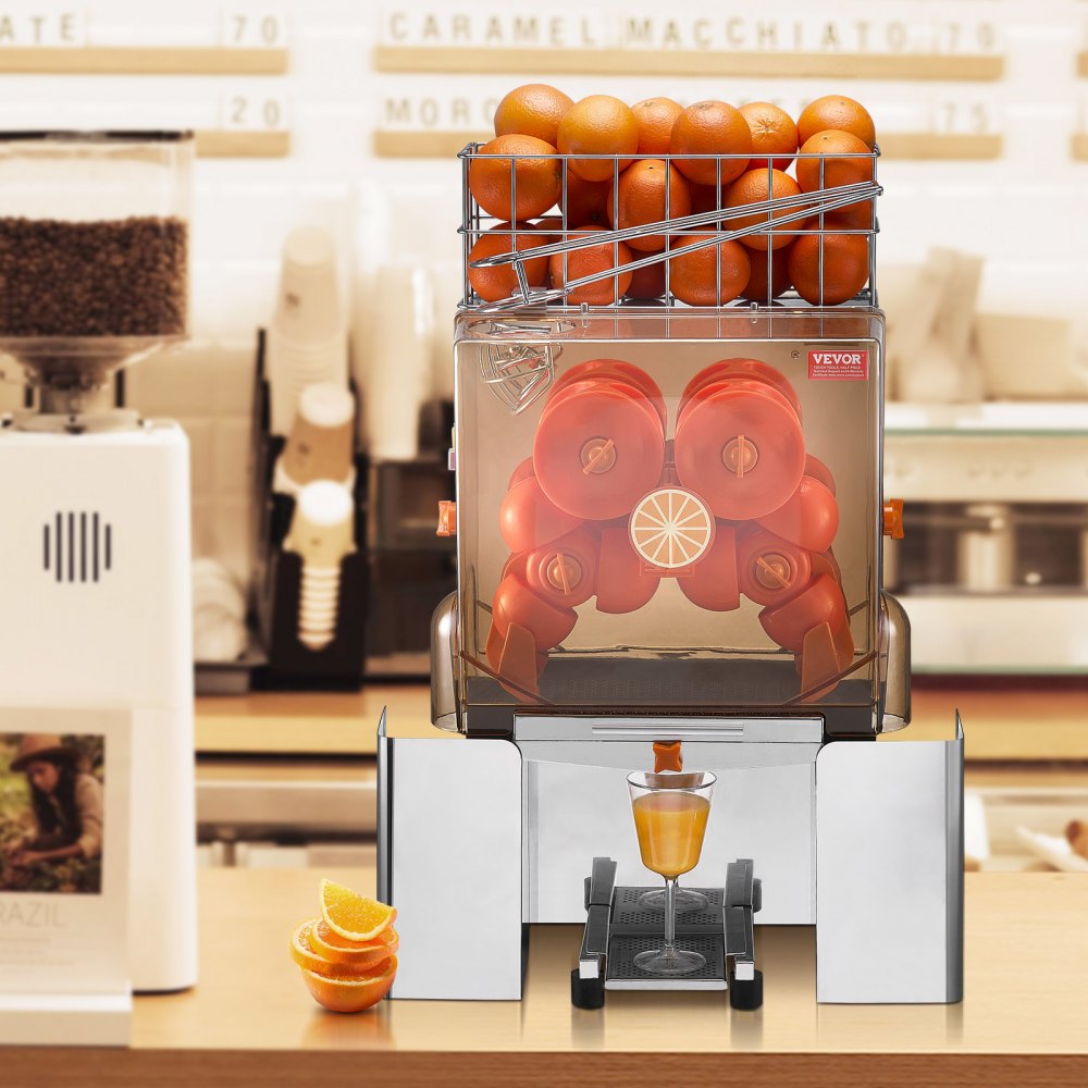 VEVOR Commercial Orange Juicer Machine, 120W Automatic Juice Extractor, Stainless Steel Orange Squeezer for 20 Oranges Per Minute, with Pull-Out Filter Box, PC Cover, 2 Peel Collecting Buckets