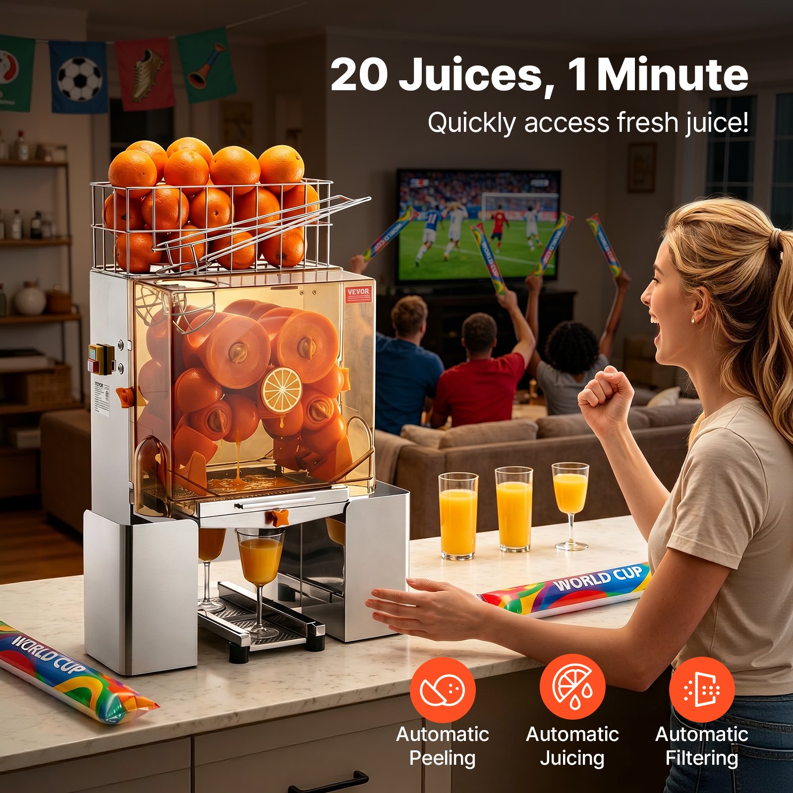 VEVOR Commercial Orange Juicer Machine, 120W Automatic Juice Extractor, Stainless Steel Orange Squeezer for 20 Oranges Per Minute, with Pull-Out Filter Box, PC Cover, 2 Peel Collecting Buckets