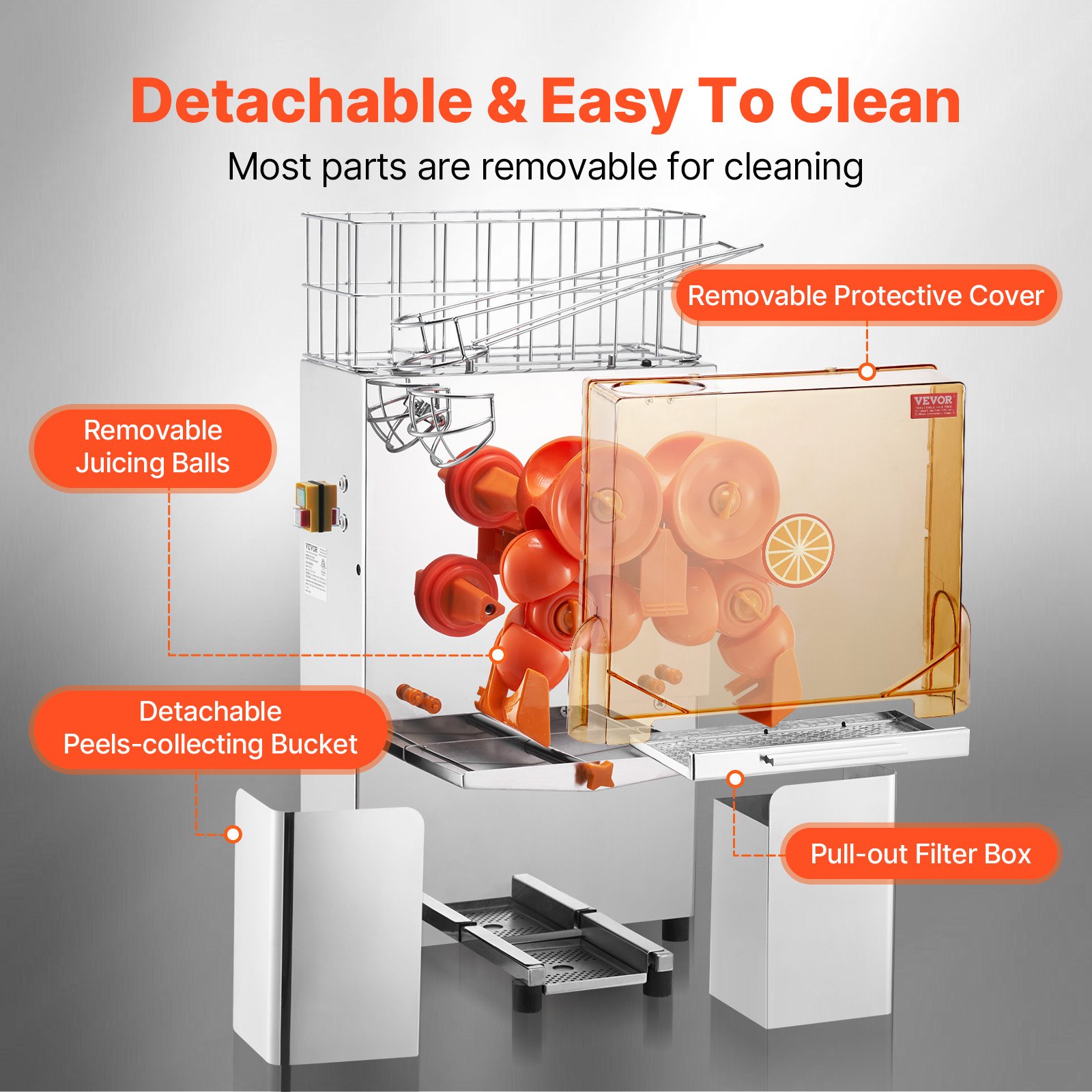 VEVOR Commercial Orange Juicer Machine, 120W Automatic Juice Extractor, Stainless Steel Orange Squeezer for 20 Oranges Per Minute, with Pull-Out Filter Box, PC Cover, 2 Peel Collecting Buckets