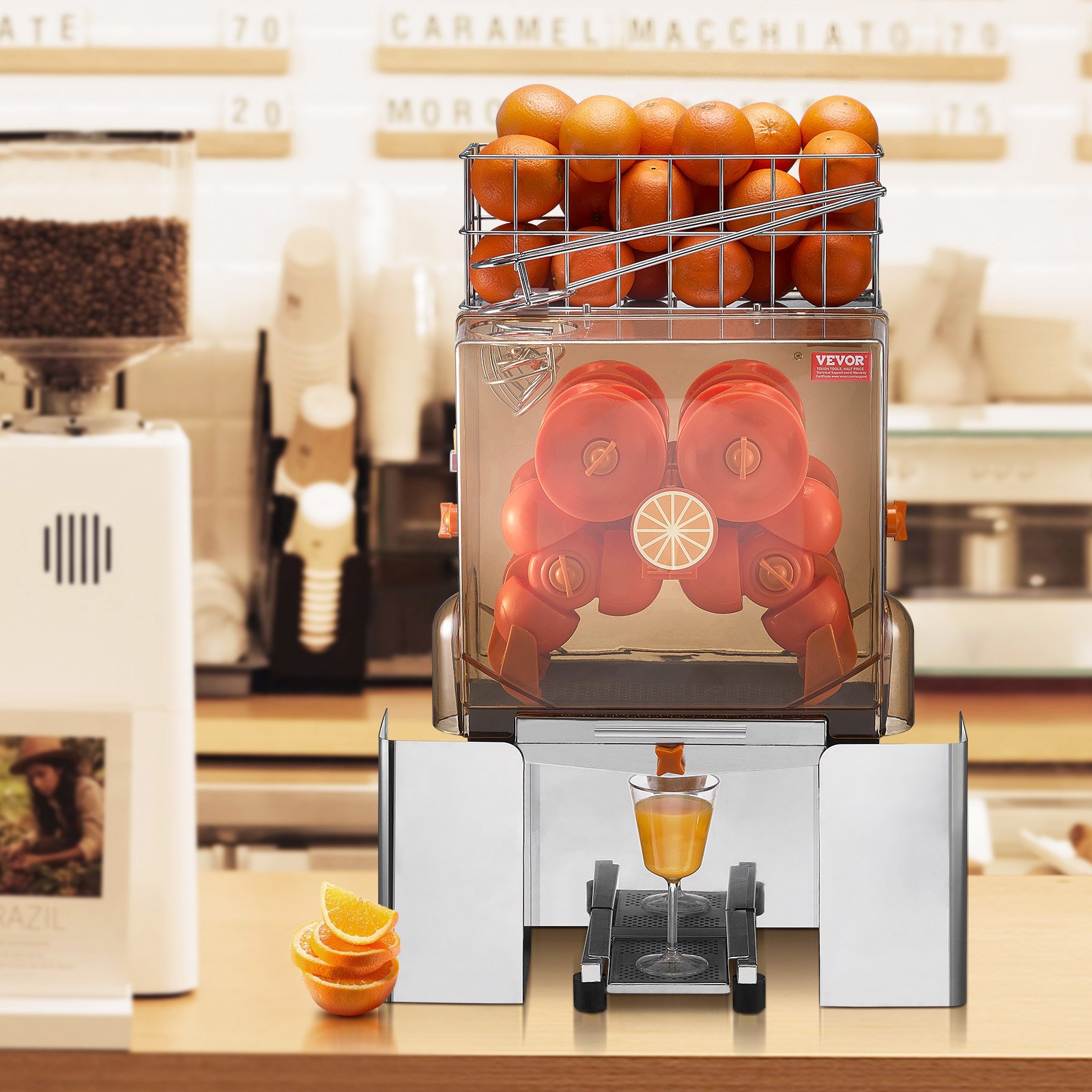 VEVOR Commercial Orange Juicer Machine, 120W Automatic Juice Extractor, Stainless Steel Orange Squeezer for 20 Oranges Per Minute, with Pull-Out Filter Box, PC Cover, 2 Peel Collecting Buckets