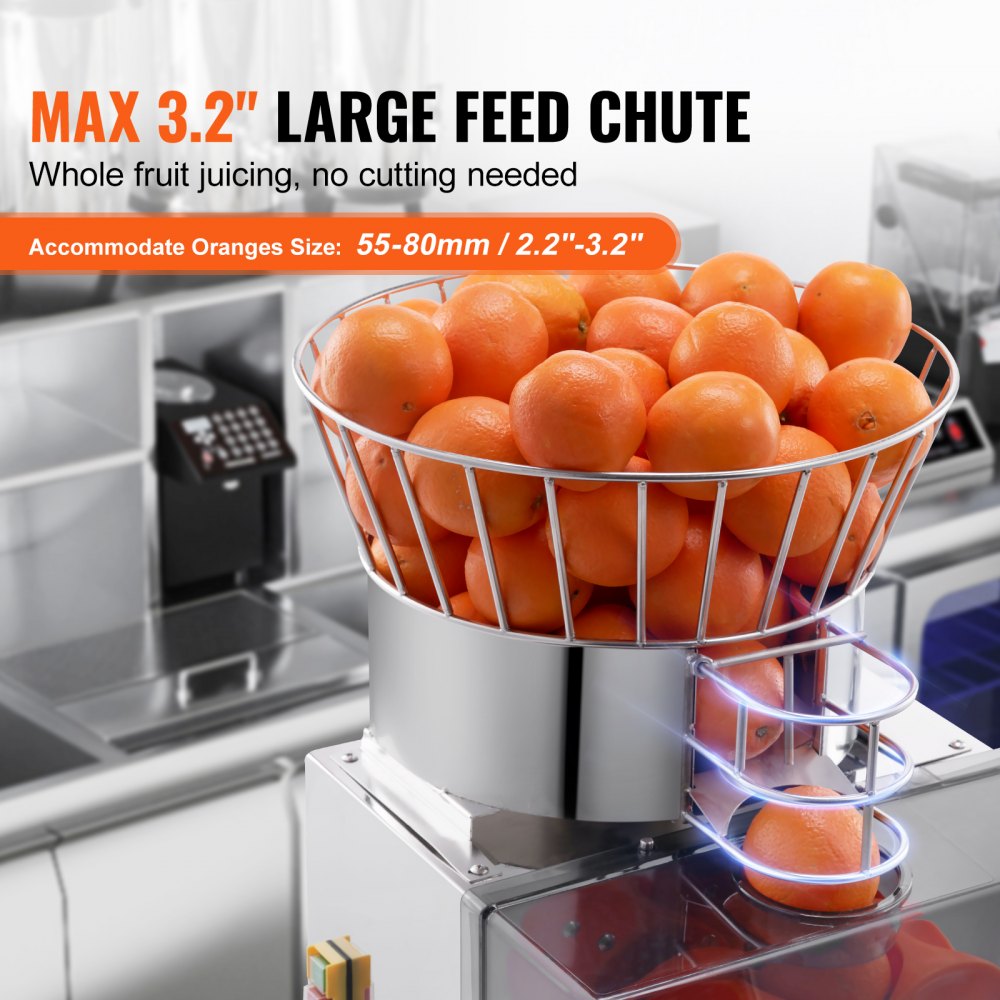 VEVOR Commercial Orange Juicer Machine, 120W Automatic Feeding Juice Extractor, Stainless Steel Juice Extractor for 25 Oranges Per Minute, with Pull-Out Filter Box, PC Cover, 2 Peel Collecting Buckets