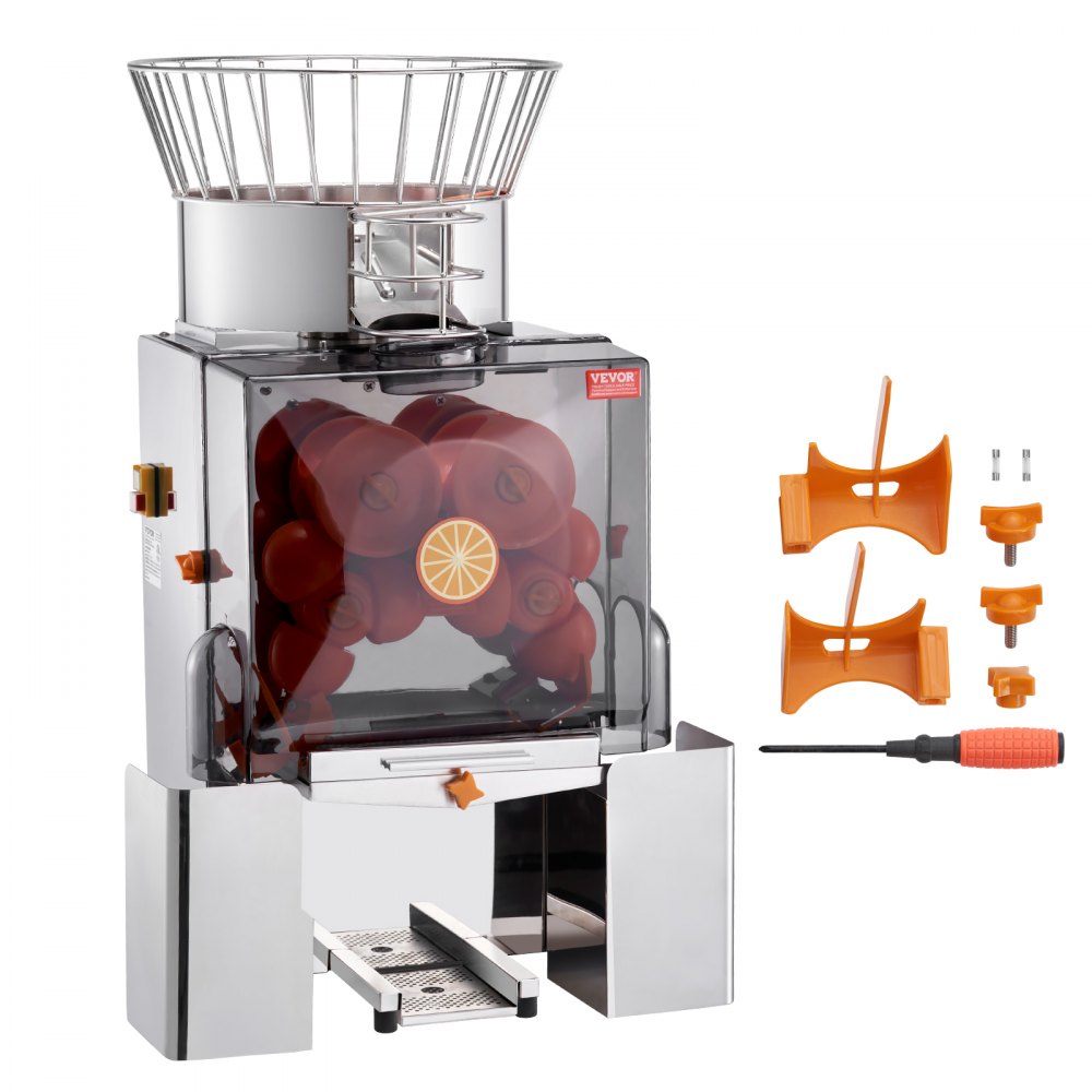 VEVOR Commercial Orange Juicer Machine, 120W Automatic Feeding Juice Extractor, Stainless Steel Juice Extractor for 25 Oranges Per Minute, with Pull-Out Filter Box, PC Cover, 2 Peel Collecting Buckets