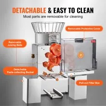 VEVOR Commercial Orange Juicer Machine, 120W Automatic Feeding Juice Extractor, Stainless Steel Juice Extractor for 25 Oranges Per Minute, with Pull-Out Filter Box, PC Cover, 2 Peel Collecting Buckets