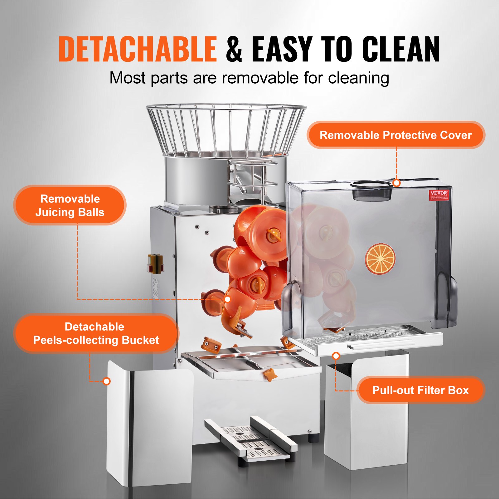 VEVOR Commercial Orange Juicer Machine, 120W Automatic Feeding Juice Extractor, Stainless Steel Juice Extractor for 25 Oranges Per Minute, with Pull-Out Filter Box, PC Cover, 2 Peel Collecting Buckets