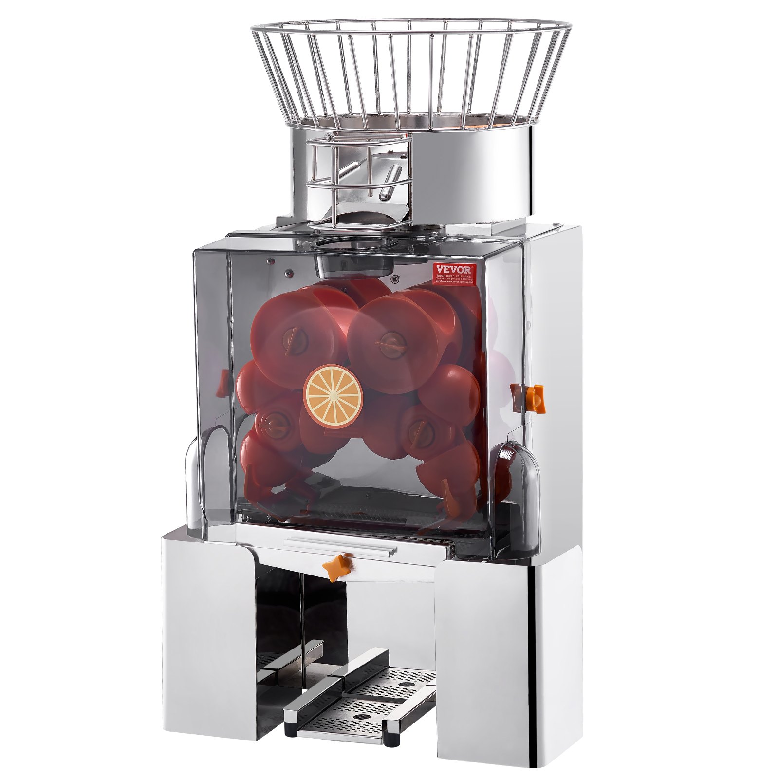 VEVOR Commercial Orange Juicer Machine, 120W Automatic Feeding Juice Extractor, Stainless Steel Juice Extractor for 25 Oranges Per Minute, with Pull-Out Filter Box, PC Cover, 2 Peel Collecting Buckets