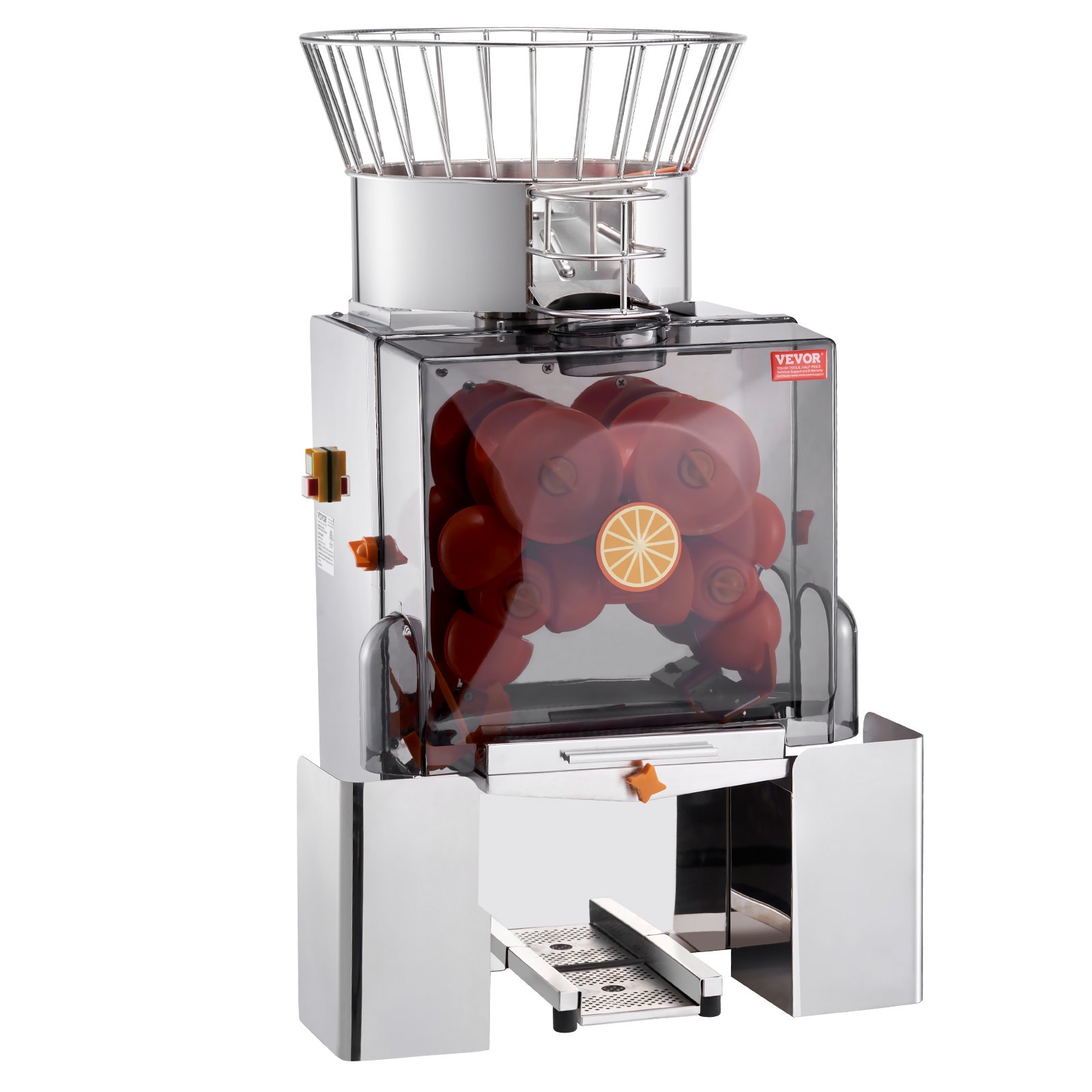 VEVOR Commercial Orange Juicer Machine, 120W Automatic Feeding Juice Extractor, Stainless Steel Juice Extractor for 25 Oranges Per Minute, with Pull-Out Filter Box, PC Cover, 2 Peel Collecting Buckets