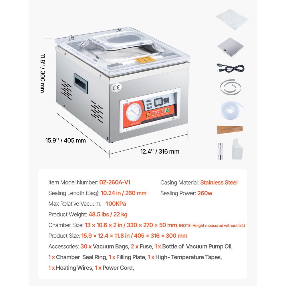 VEVOR Chamber Vacuum Sealer, 260W Sealing Power, Vacuum Packing Machine for Wet Foods, Meats, Marinades and More, Compact Size with 10.2 in Sealing Length, Applied in Home Kitchen and Commercial Use