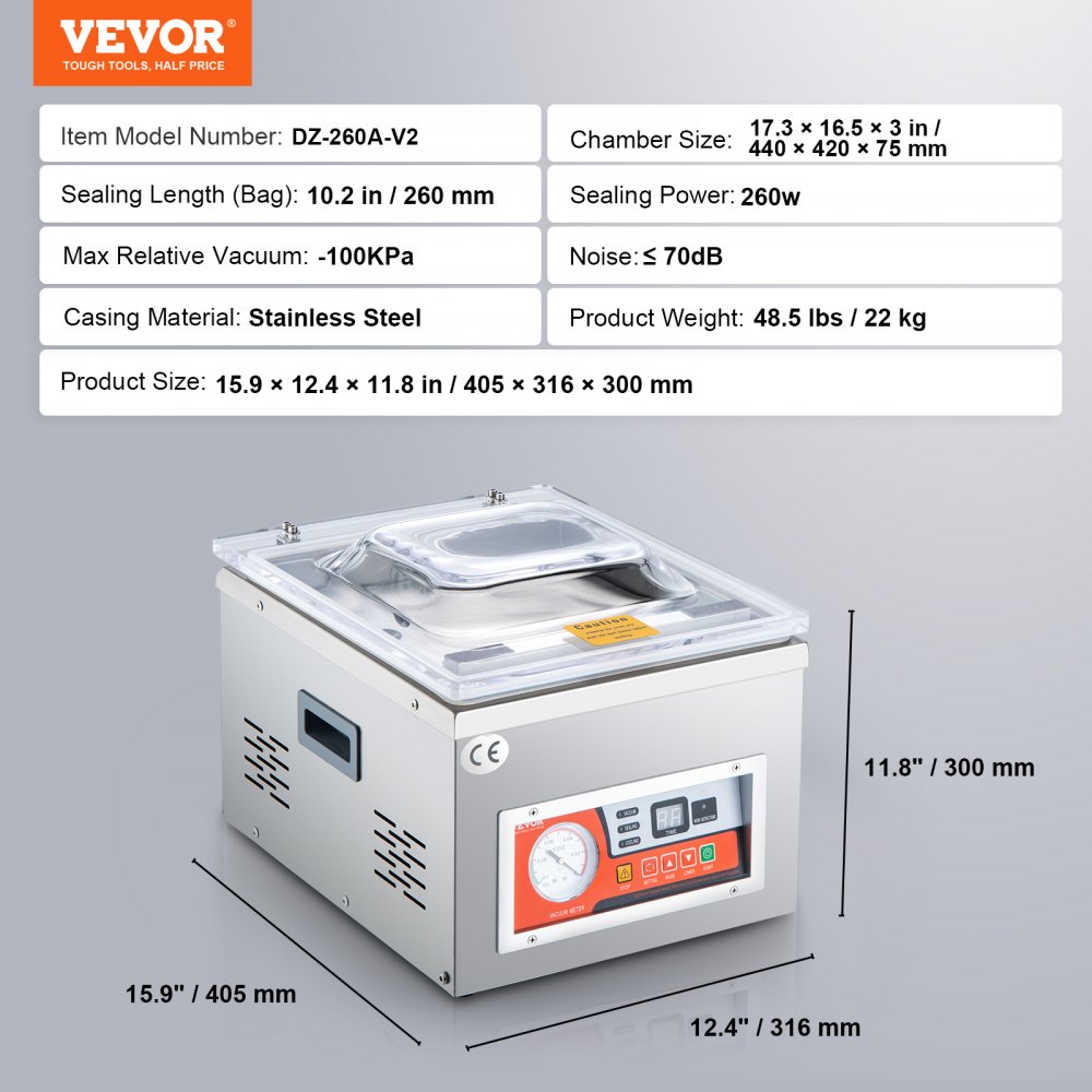 VEVOR Chamber Vacuum Sealer, 260W Sealing Power, Vacuum Packing Machine for Wet Foods, Meats, Marinades and More, Compact Size with 10.2" Sealing Length, Applied in Home Kitchen and Commercial Use