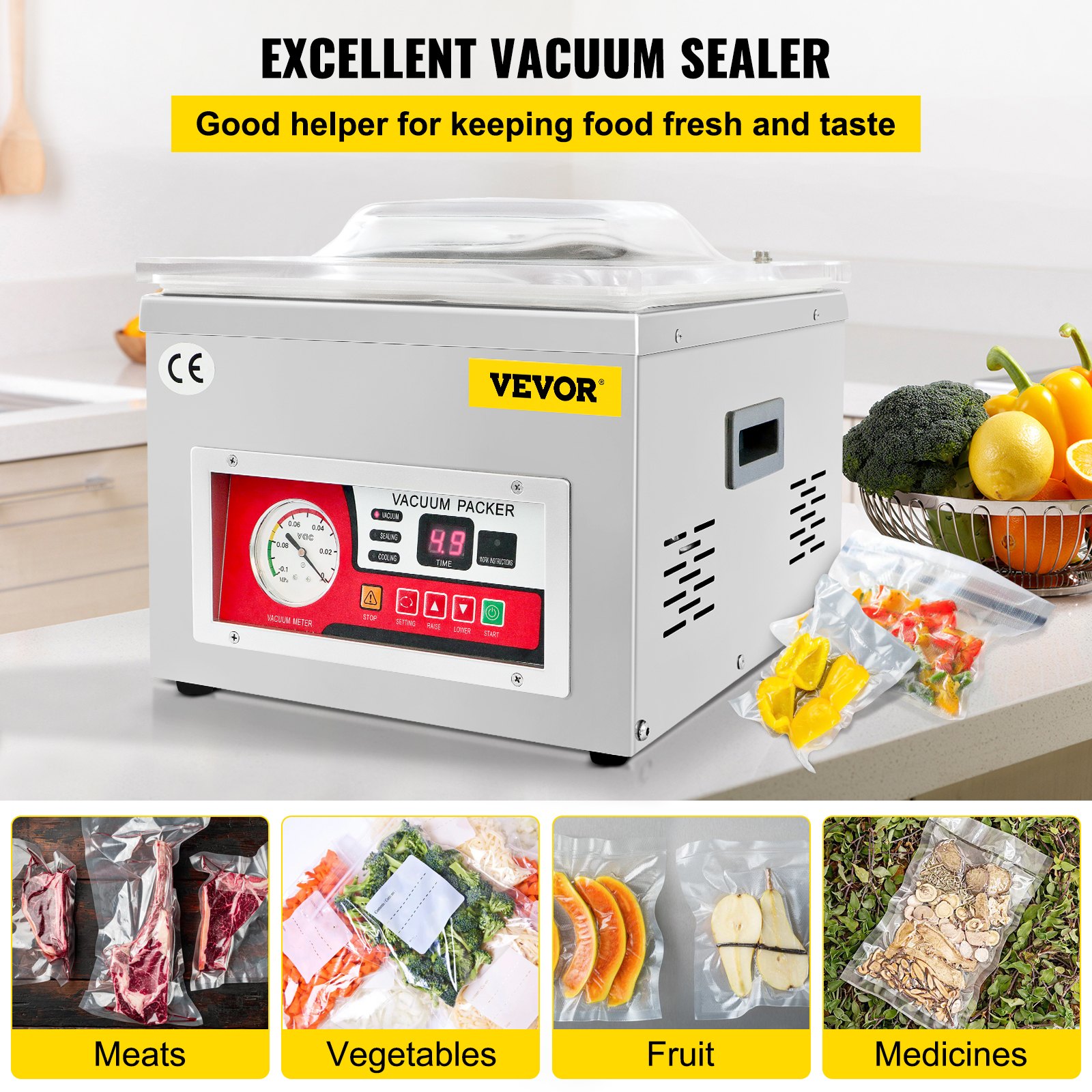 VEVOR Chamber Vacuum Sealer, 260W Sealing Power, Vacuum Packing Machine for Wet Foods, Meats, Marinades and More, Compact Size with 25.9 cm Sealing Length, Applied in Home Kitchen and Commercial Use