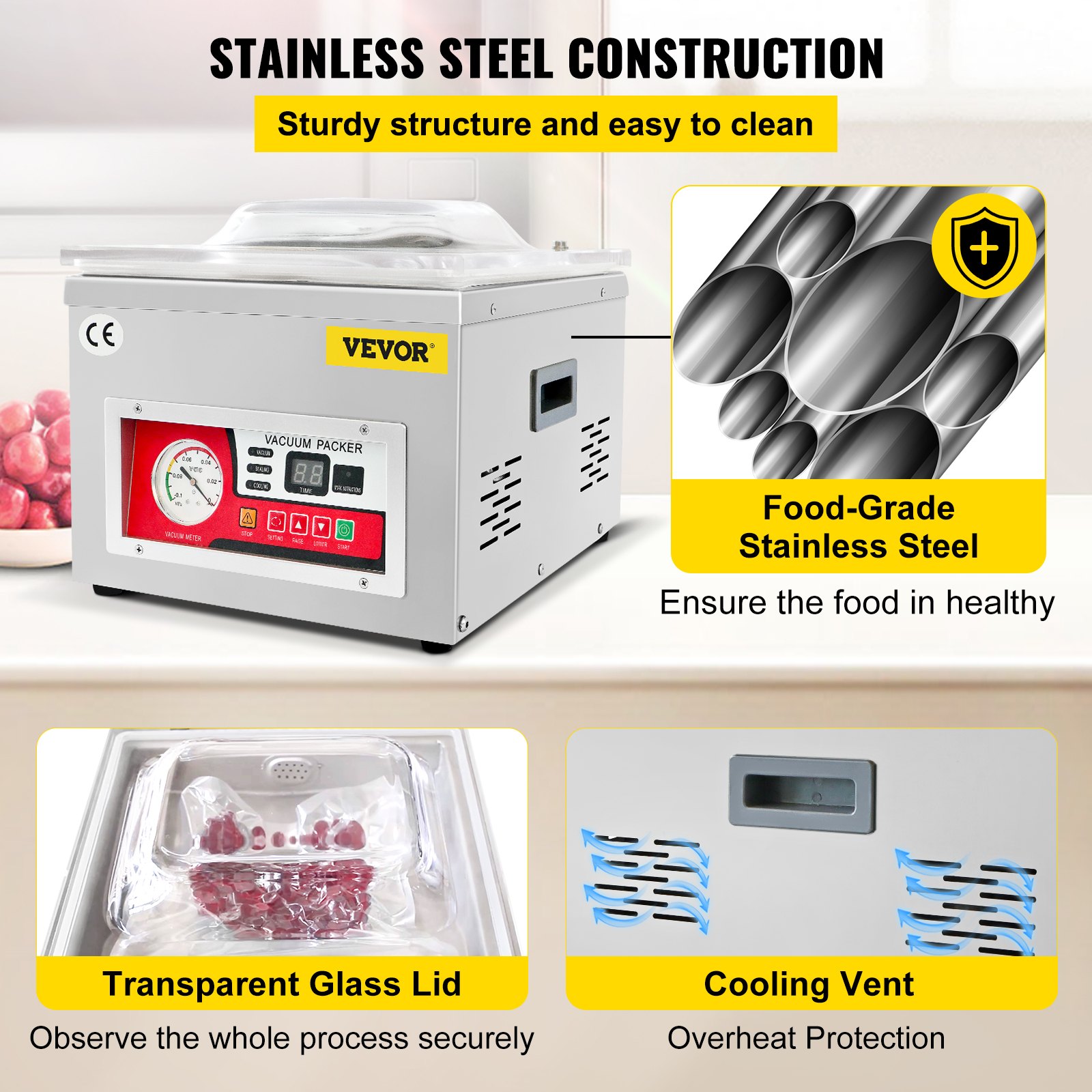 VEVOR Chamber Vacuum Sealer, 260W Sealing Power, Vacuum Packing Machine for Wet Foods, Meats, Marinades and More, Compact Size with 25.9 cm Sealing Length, Applied in Home Kitchen and Commercial Use