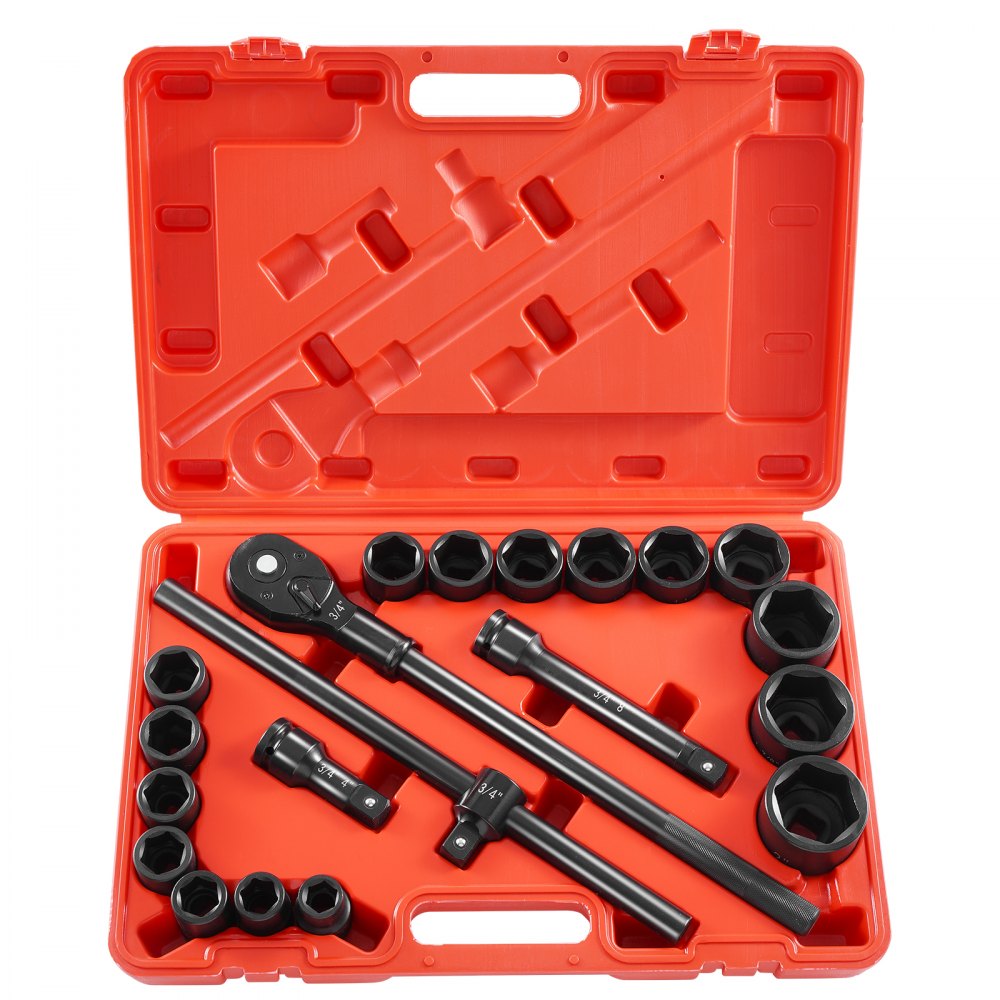 VEVOR Impact Socket Set 3/4 Inches 21 Piece Standard Impact Sockets, Socket Assortment 3/4 Inches Drive Socket Set Impact Standard SAE Sizes 3/4 Inches to 2 Inches Includes Adapters and Ratchet Handle