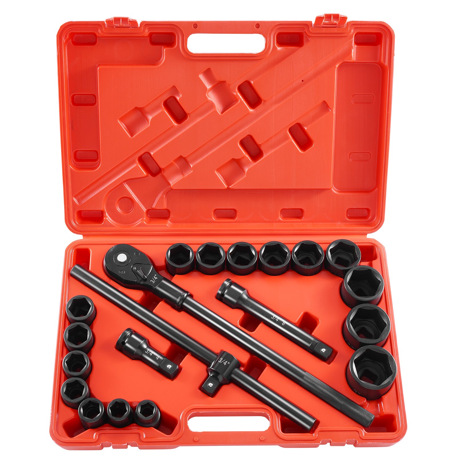 VEVOR Impact Socket Set 3/4 Inches 21 Piece Standard Impact Sockets, Socket Assortment 3/4 Inches Drive Socket Set Impact Standard SAE Sizes 3/4 Inches to 2 Inches Includes Adapters and Ratchet Handle