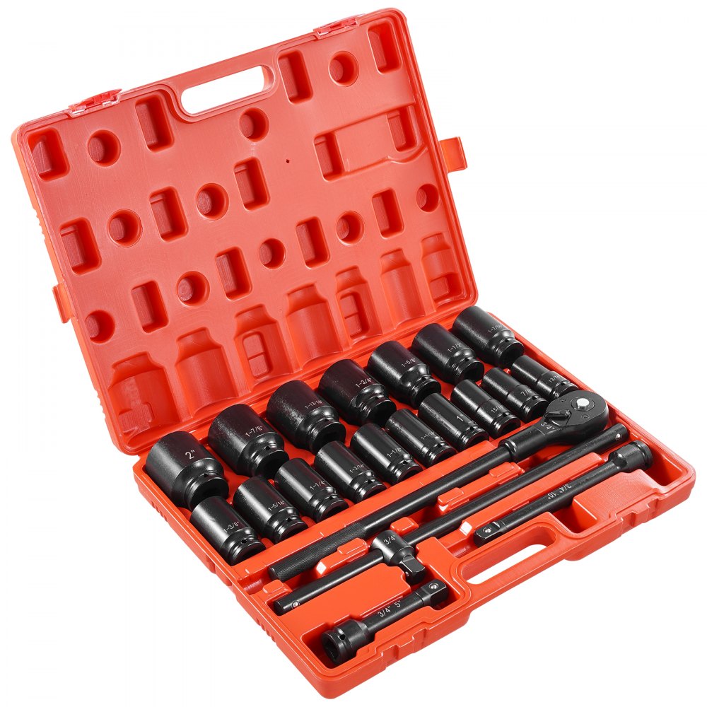 VEVOR Impact Socket Set 3/4 Inches 22 Piece Deep Impact Sockets, Socket Assortment 3/4 Inches Drive Socket Set Impact Standard SAE Sizes 7/8 Inches to 2 Inches Includes Adapters and Ratchet Handle