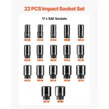VEVOR Impact Socket Set 3/4 Inches 22 Piece Deep Impact Sockets, Socket Assortment 3/4 Inches Drive Socket Set Impact Standard SAE Sizes 7/8 Inches to 2 Inches Includes Adapters and Ratchet Handle