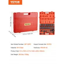 VEVOR Impact Socket Set 3/4 Inches 22 Piece Deep Impact Sockets, Socket Assortment 3/4 Inches Drive Socket Set Impact Standard SAE Sizes 7/8 Inches to 2 Inches Includes Adapters and Ratchet Handle