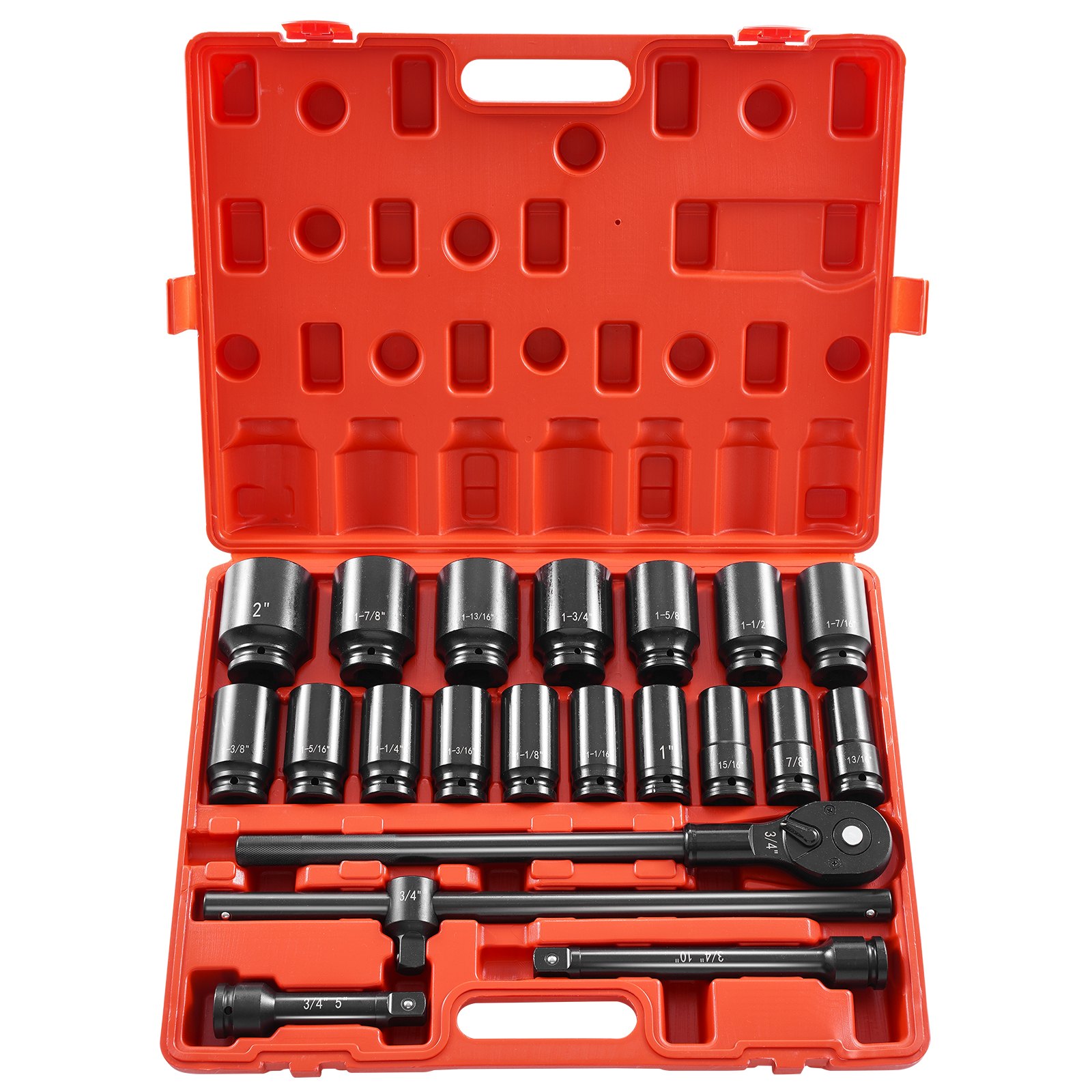 VEVOR Impact Socket Set 3/4 Inches 22 Piece Deep Impact Sockets, Socket Assortment 3/4 Inches Drive Socket Set Impact Standard SAE Sizes 7/8 Inches to 2 Inches Includes Adapters and Ratchet Handle