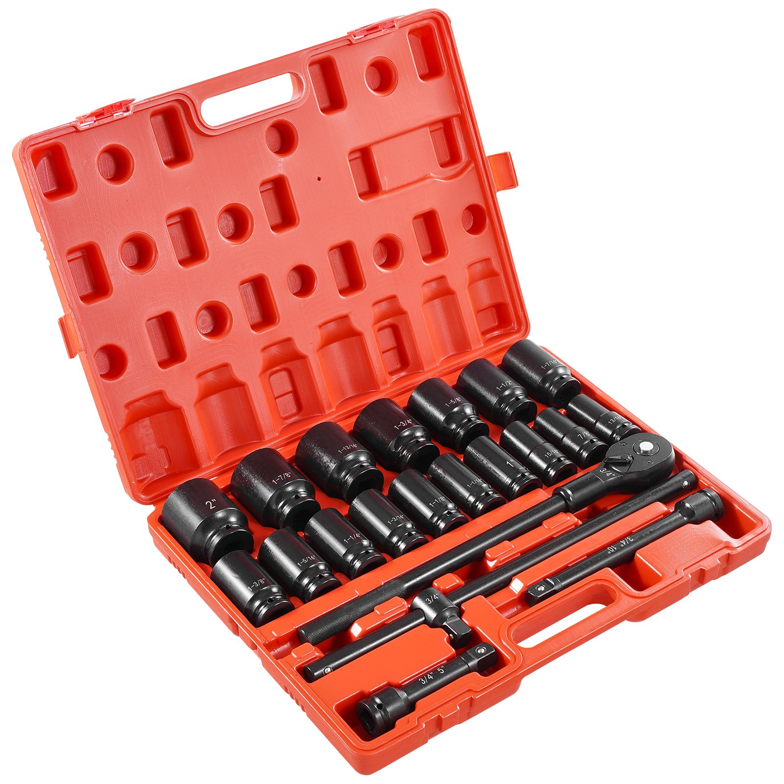 VEVOR Impact Socket Set 3/4 Inches 22 Piece Deep Impact Sockets, Socket Assortment 3/4 Inches Drive Socket Set Impact Standard SAE Sizes 7/8 Inches to 2 Inches Includes Adapters and Ratchet Handle